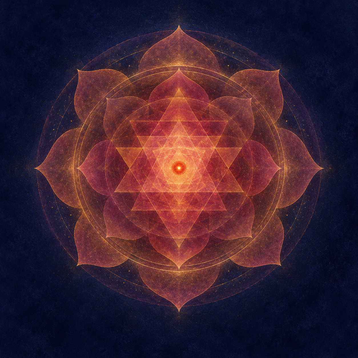 A luminous red-gold point surrounded by translucent triangles, circular halos, and lotus-petal forms on a dark indigo background.