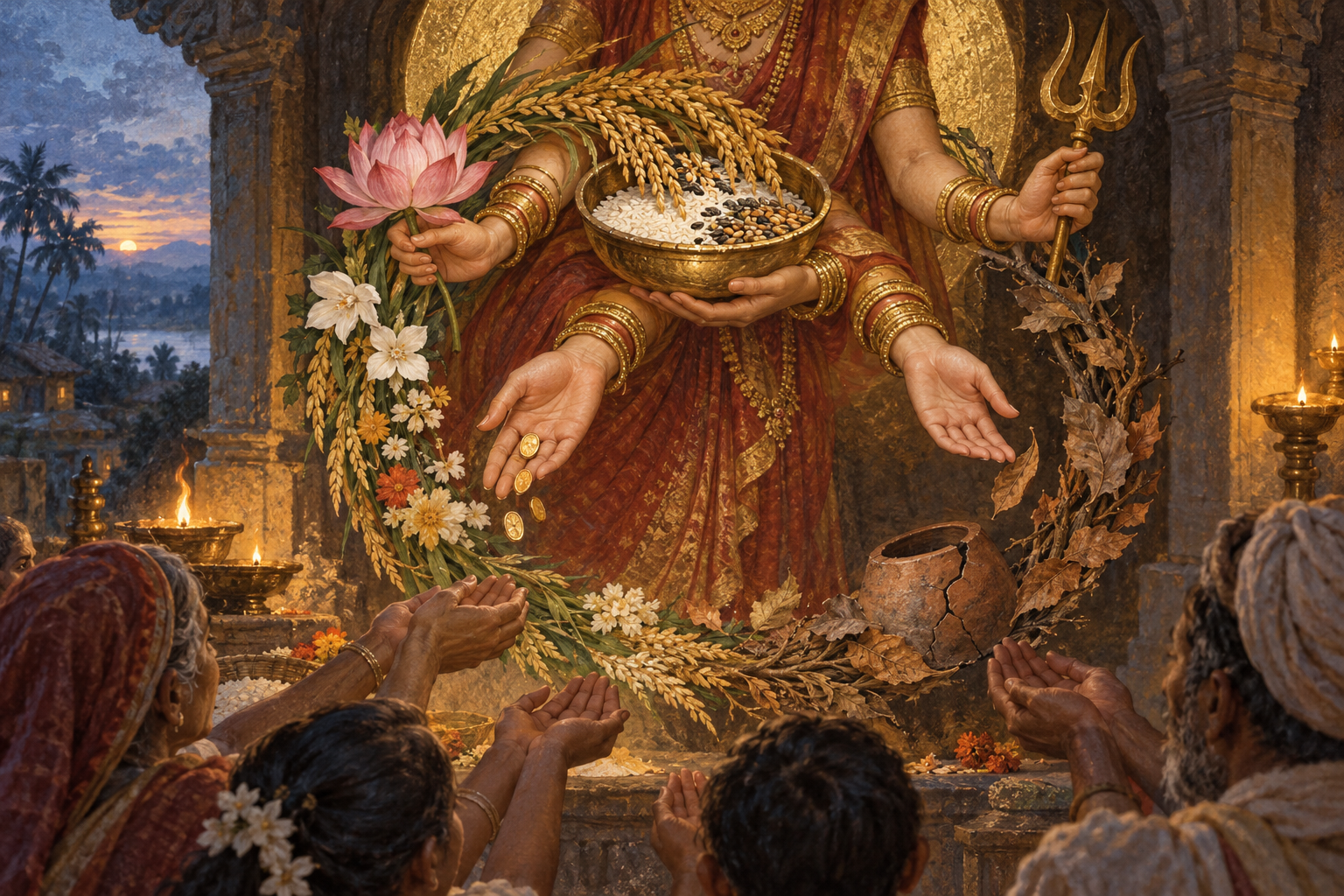 Hands of a many-armed goddess hold grain, a lotus, and a trident, give coins to villagers, and release dry leaves beside an empty clay vessel.