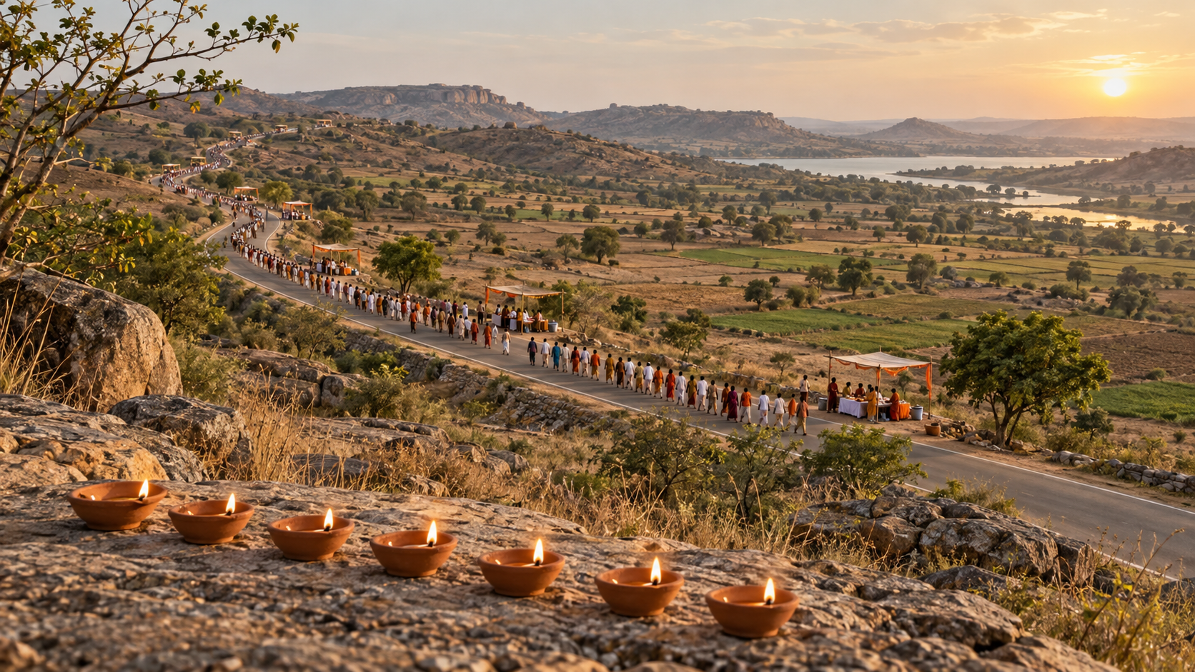 A long procession crosses Bundelkhand farmland while seven clay lamps stand in a sequence beside the road.