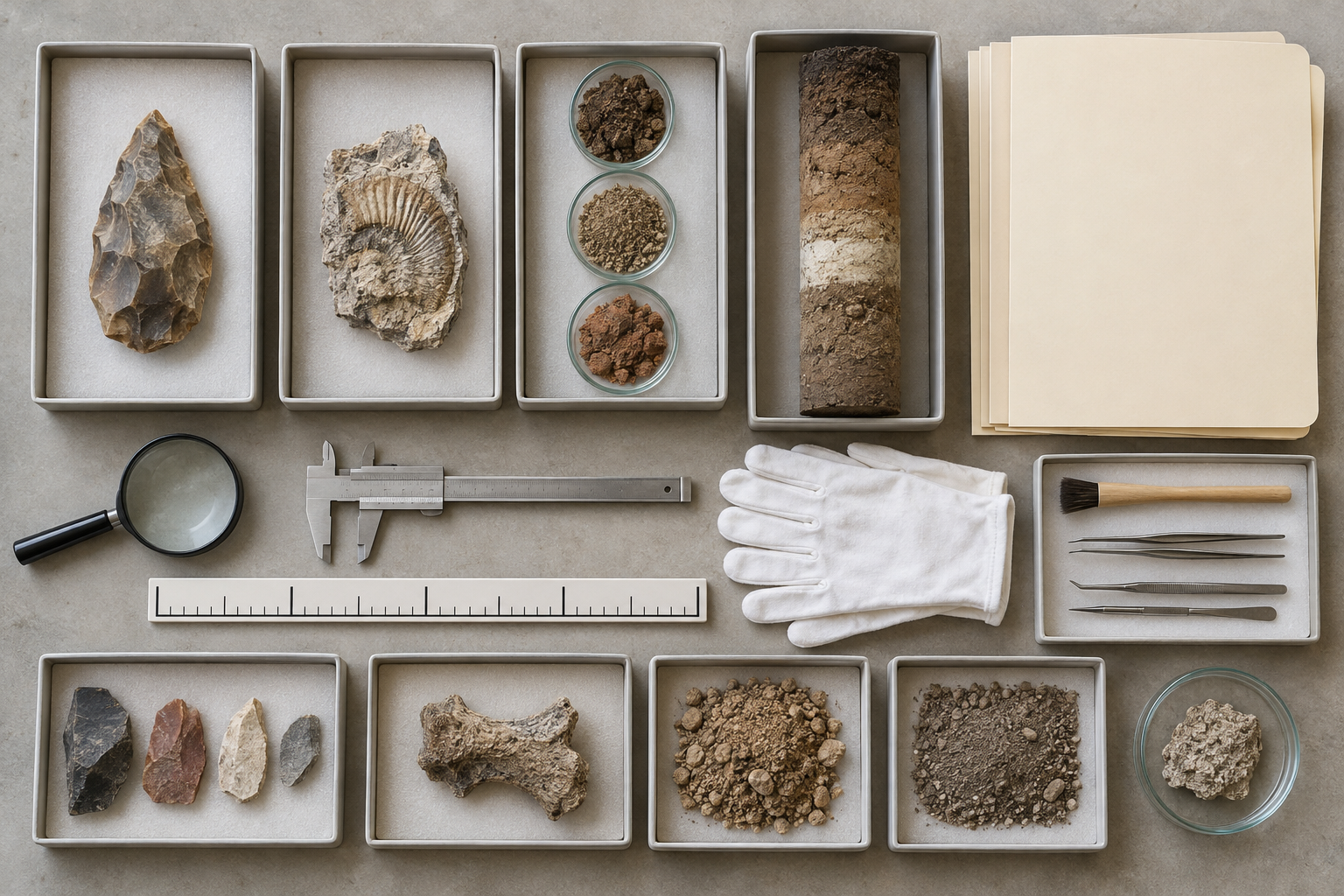 Artifact trays, sediment samples, a soil core, calipers, gloves, and a hand lens are arranged on an archaeological research table.