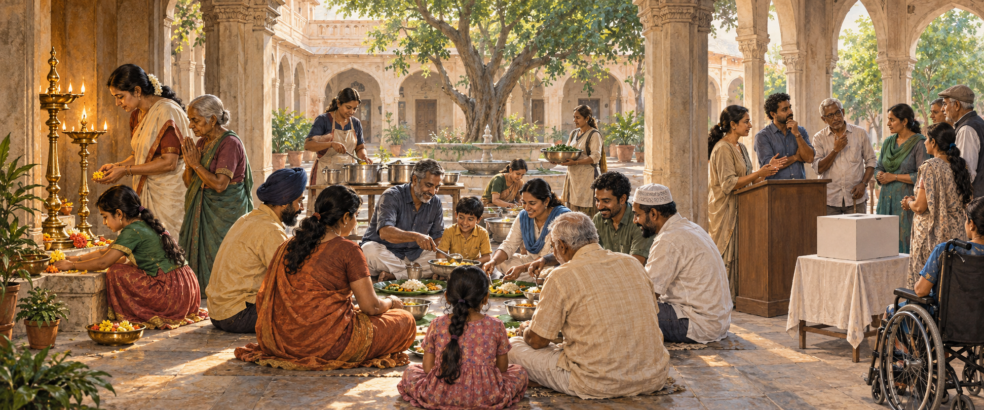 One courtyard contains three distinct scenes: quiet worship, a shared community meal and a civic discussion around an unmarked lectern and ballot box.