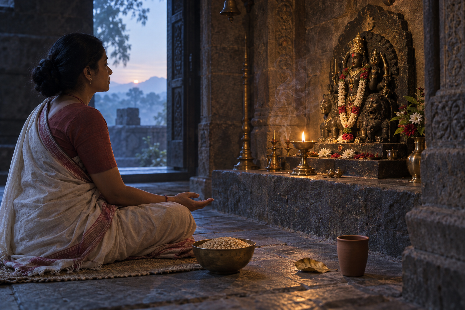 A seated practitioner contemplates a small composite goddess murti beside a bowl of grain, an empty clay cup, and a fallen leaf in a lamp-lit stone shrine.
