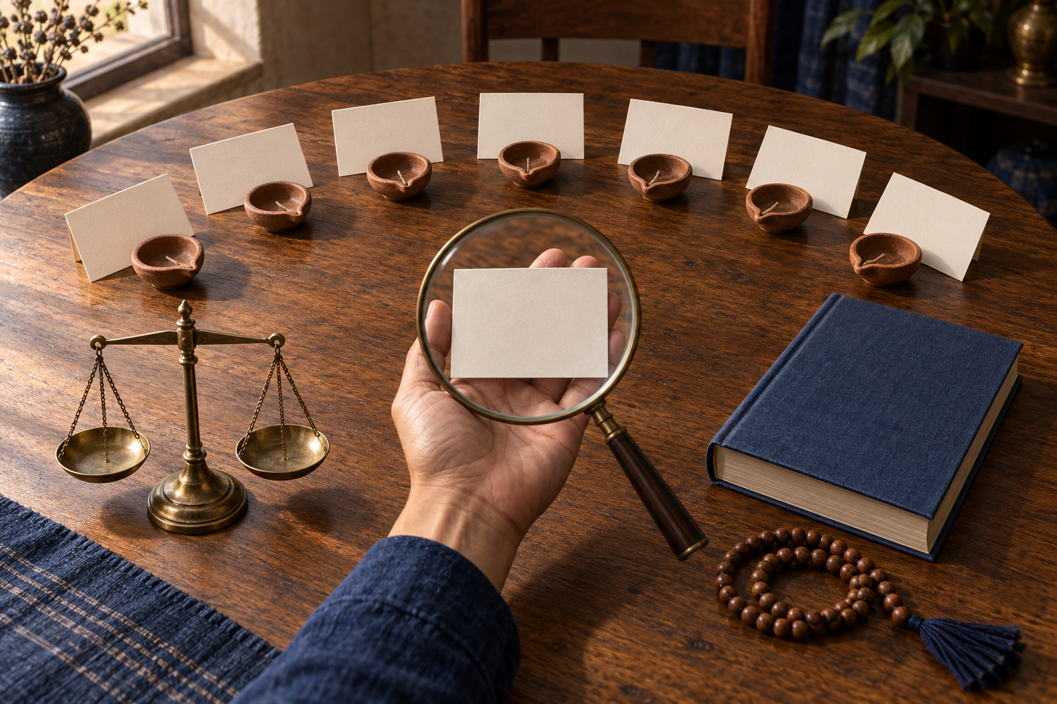 Seven blank pledge cards and clay lamps are arranged around a magnifying glass, a balanced scale, a plain book and prayer beads.