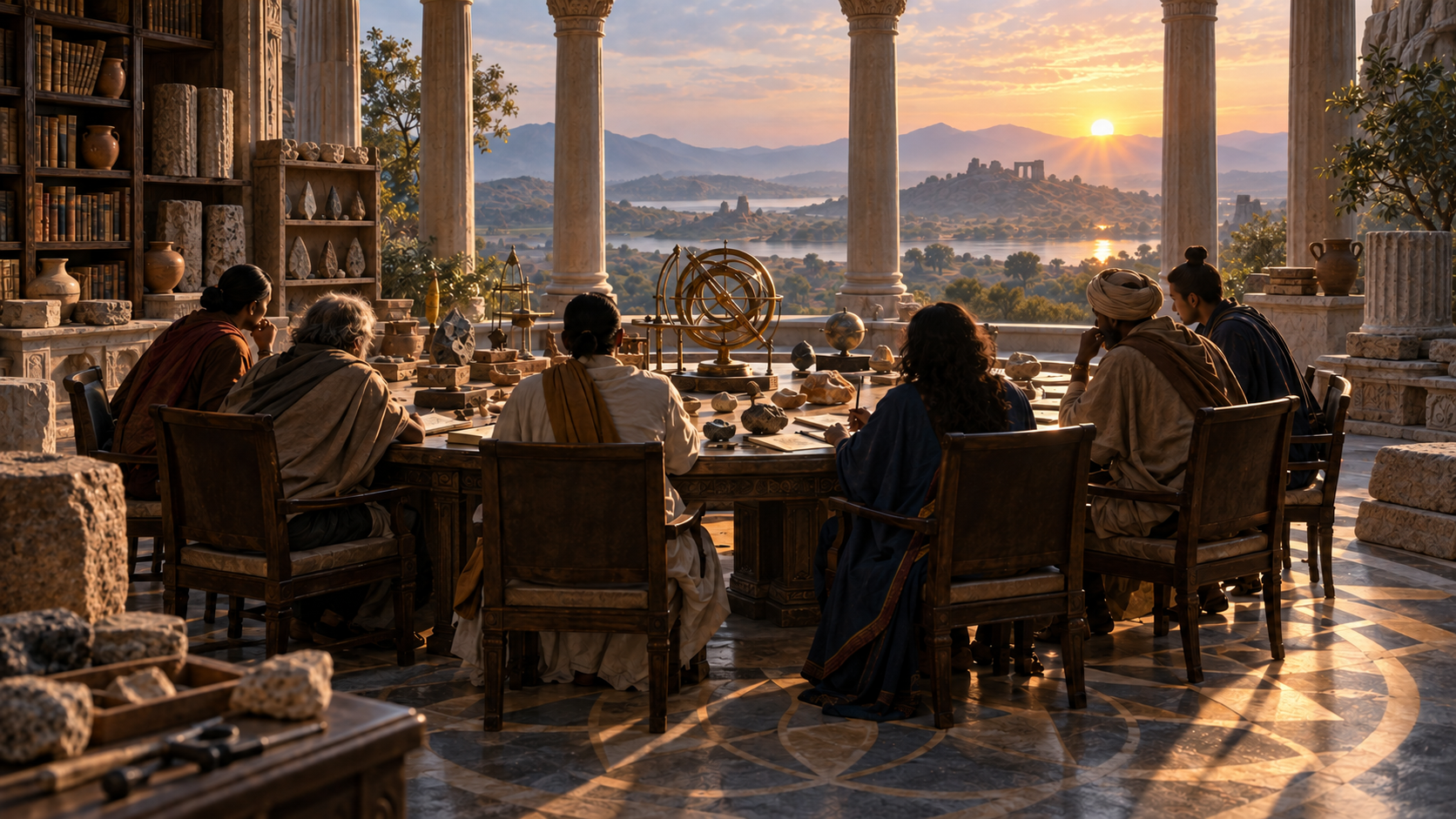 Anonymous scholars examine archaeological specimens and astronomical models around a circular table as dawn light enters through an open colonnade.