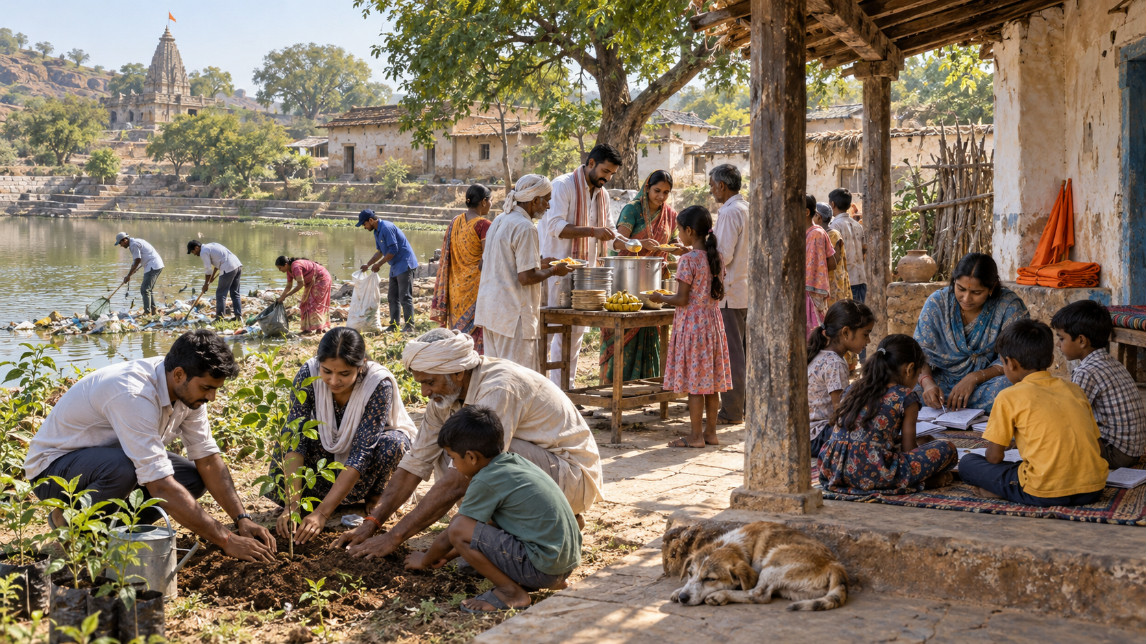 Village volunteers plant saplings, clean a pond, serve meals and help children study while folded plain flags rest in the background.