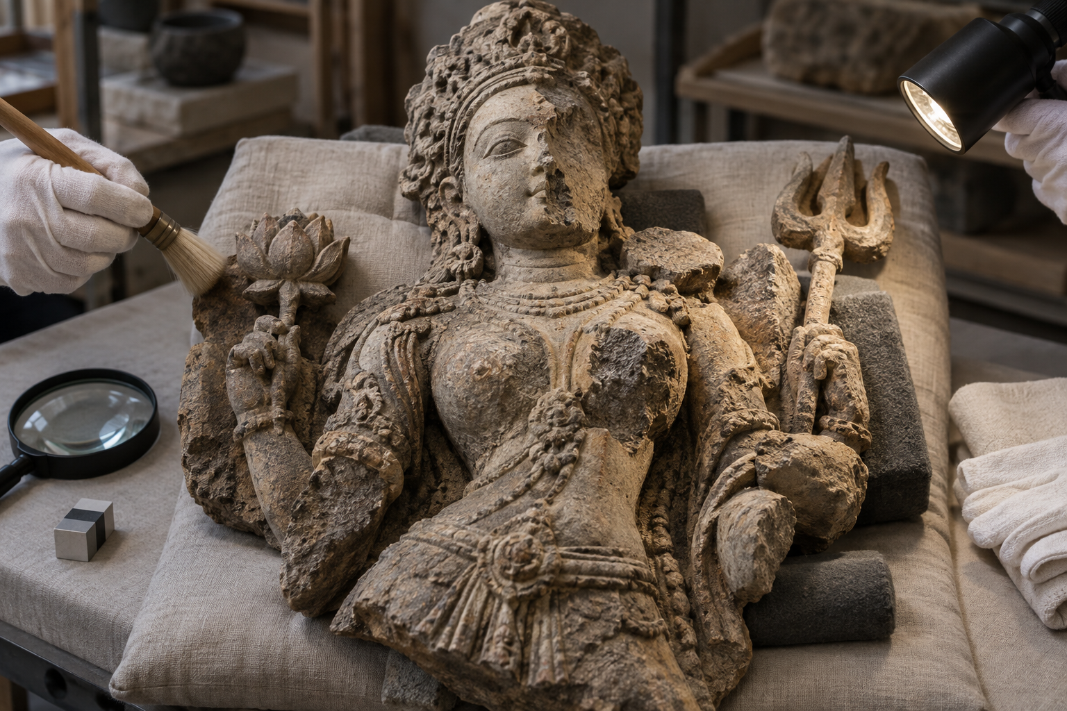 A weathered goddess sculpture fragment with a lotus, part of a trident, incomplete hands, and eroded details rests on a conservator's padded table.