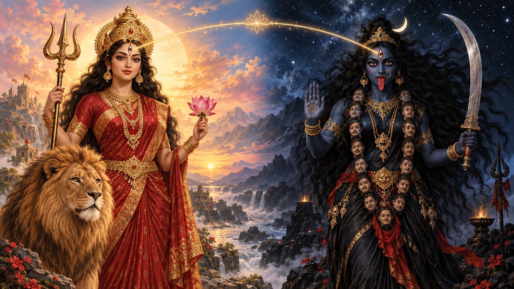 Durga and Kali appear side by side with three eyes each; Durga stands beside a lion holding a trident and lotus, while Kali holds a curved sword and raises a reassuring hand.