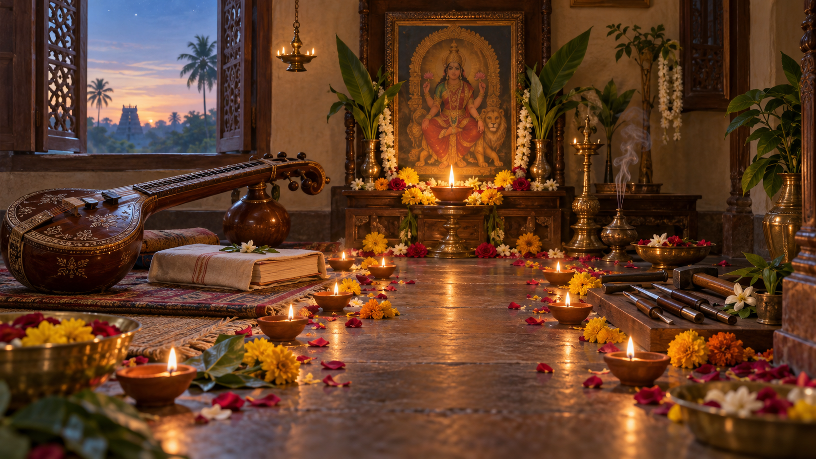 A Vijayadashami home shrine at dawn with clay lamps, flowers, a veena, a wrapped book, and tools arranged around one central flame.