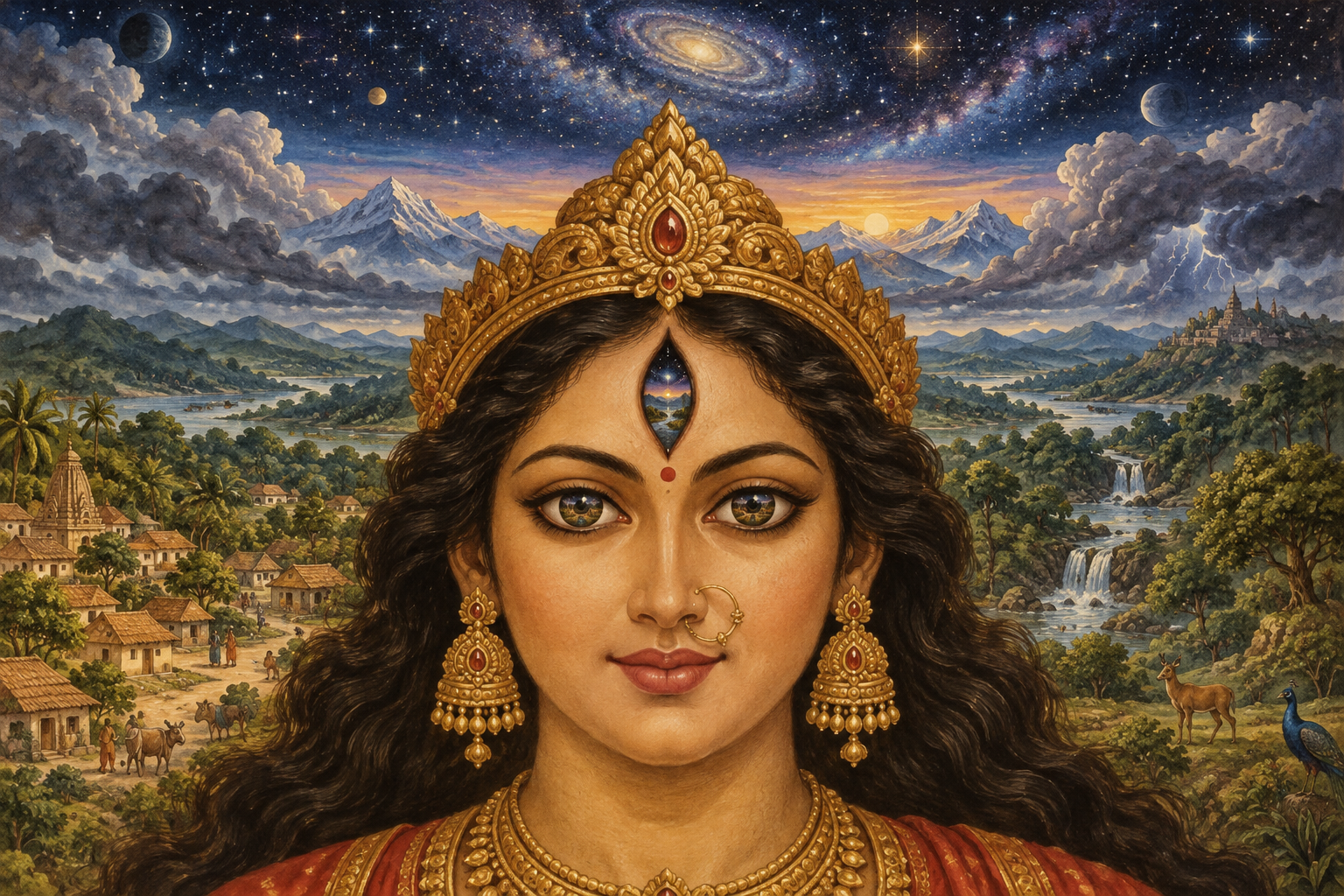 A three-eyed portrait of Durga is surrounded by expanding layers of a village, forest, mountains, clouds, and stars.