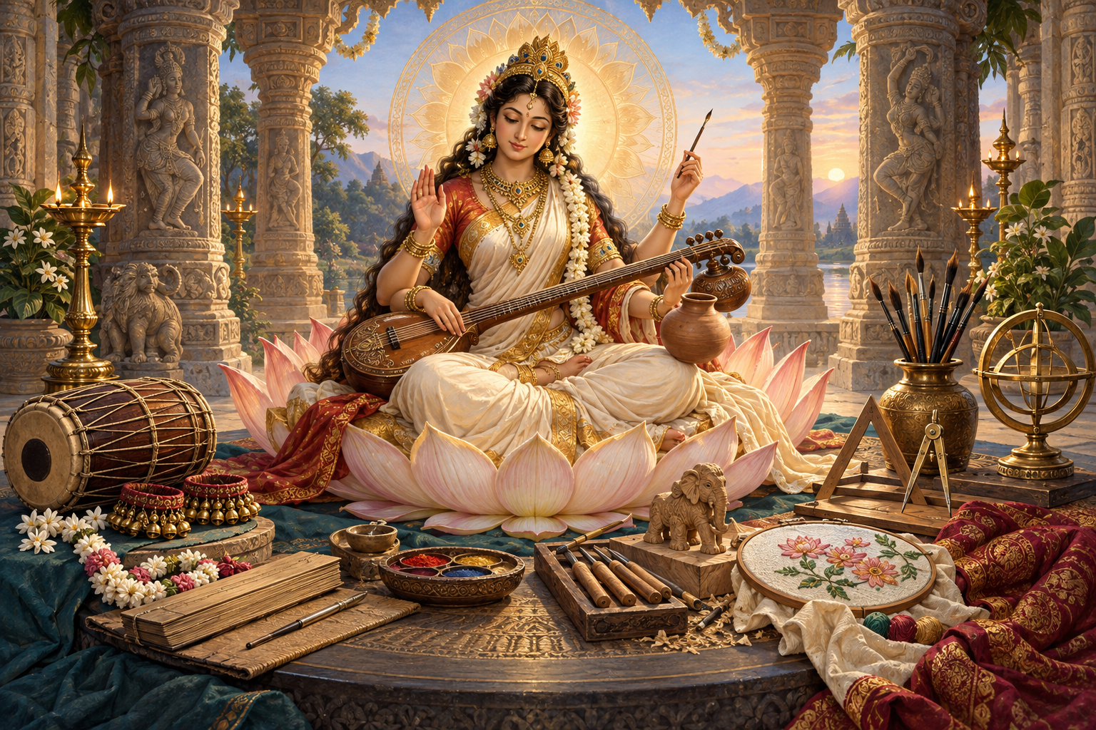 A serene goddess figure sits on a luminous lotus in a temple workshop, surrounded by musical instruments, manuscripts, textiles, pottery, painting supplies, and carving tools.