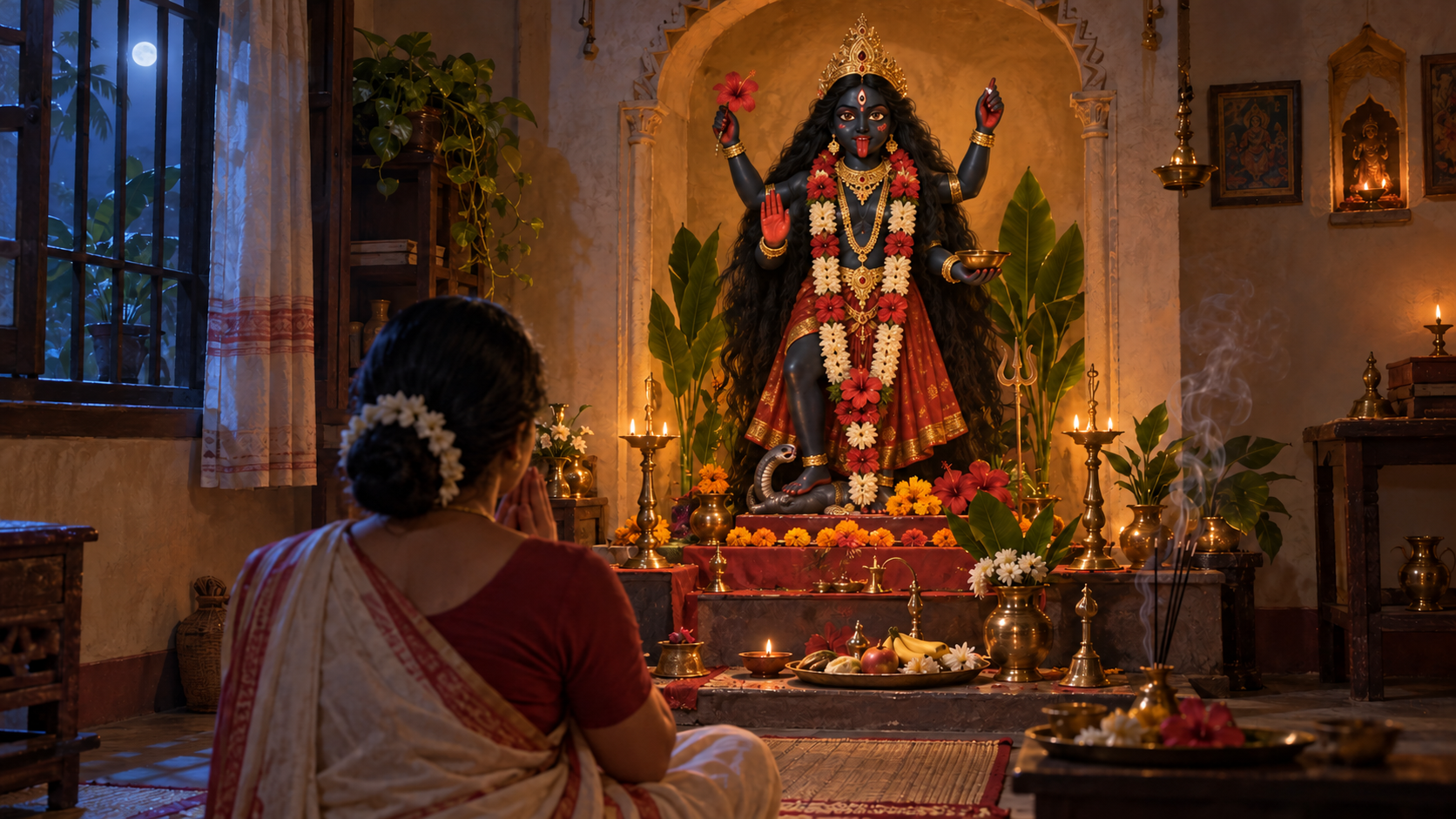 A devotee sits with joined hands before a three-eyed clay image of Kali in a shrine lit by oil lamps and surrounded by flowers and offerings.