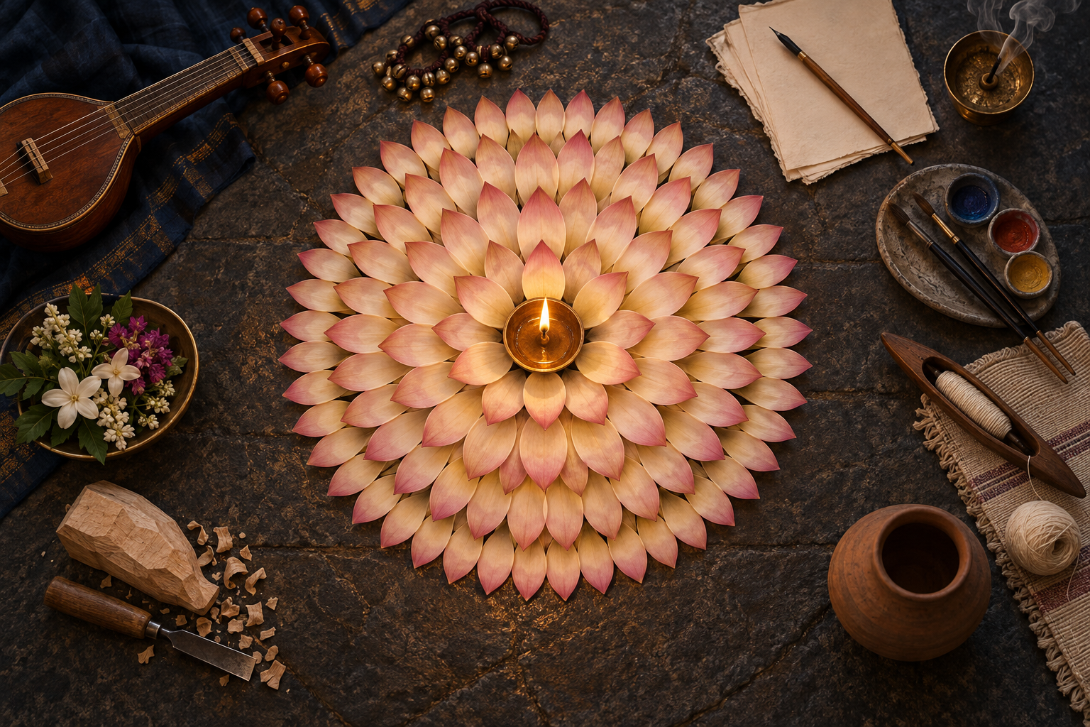 A sixty-four-petaled luminous lotus surrounds an oil flame, with instruments and craft tools arranged on a dark stone floor.