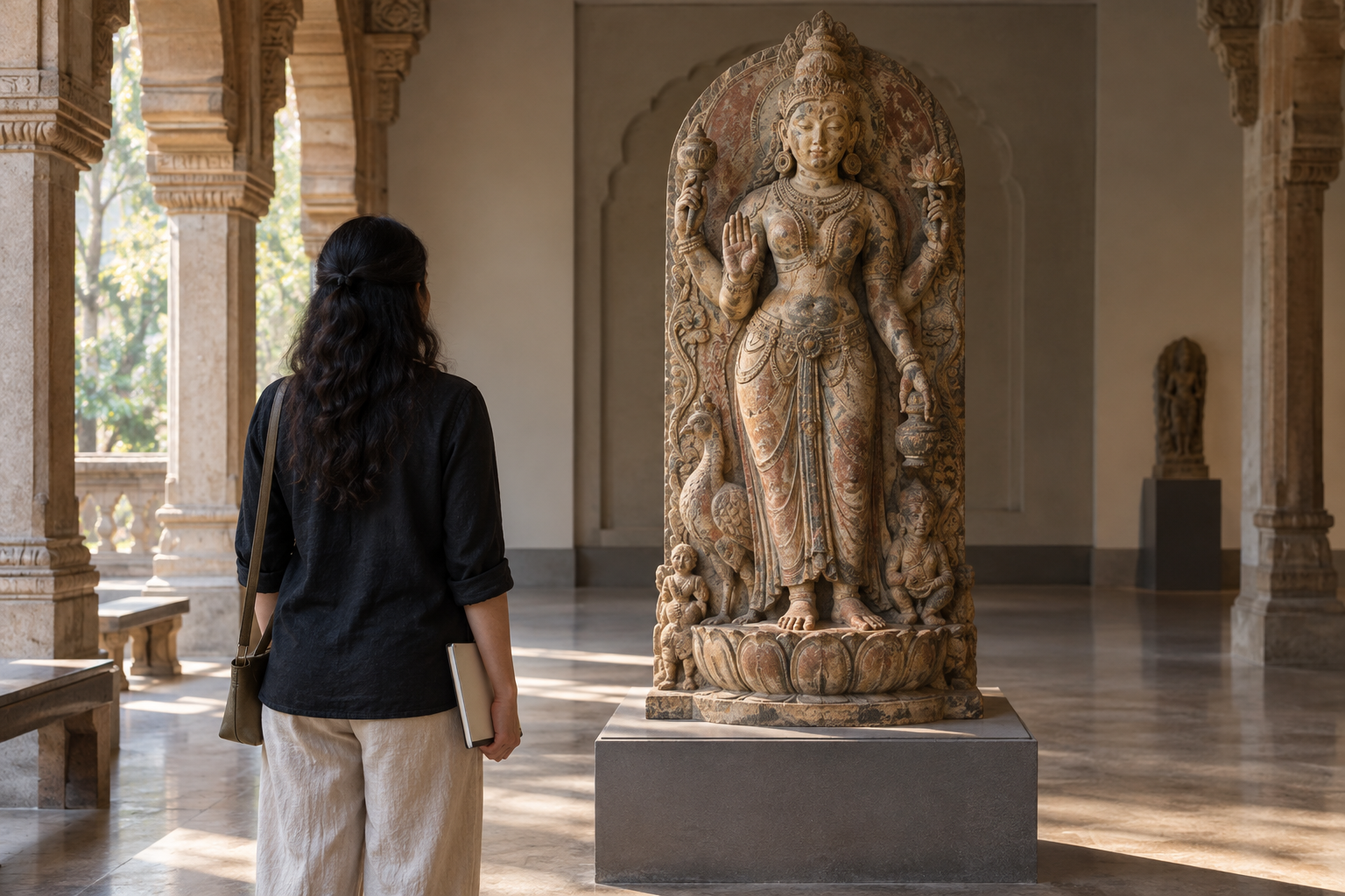 A visitor observes the gestures, ornaments, and weathered surface of an unidentified stone goddess sculpture in a quiet gallery.