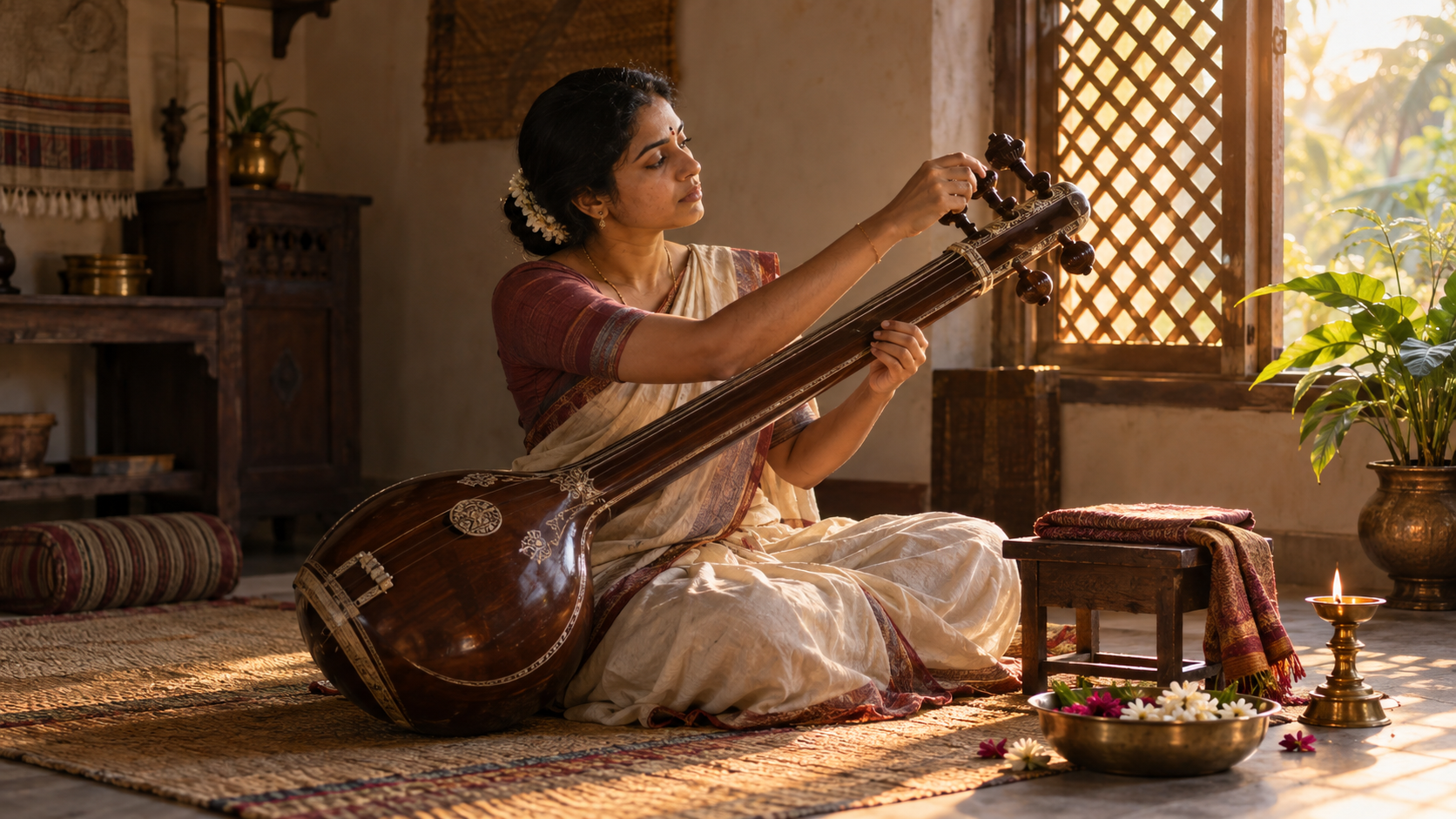 A musician tunes a long-necked string instrument beside an oil lamp and flowers in a sunlit home practice space.