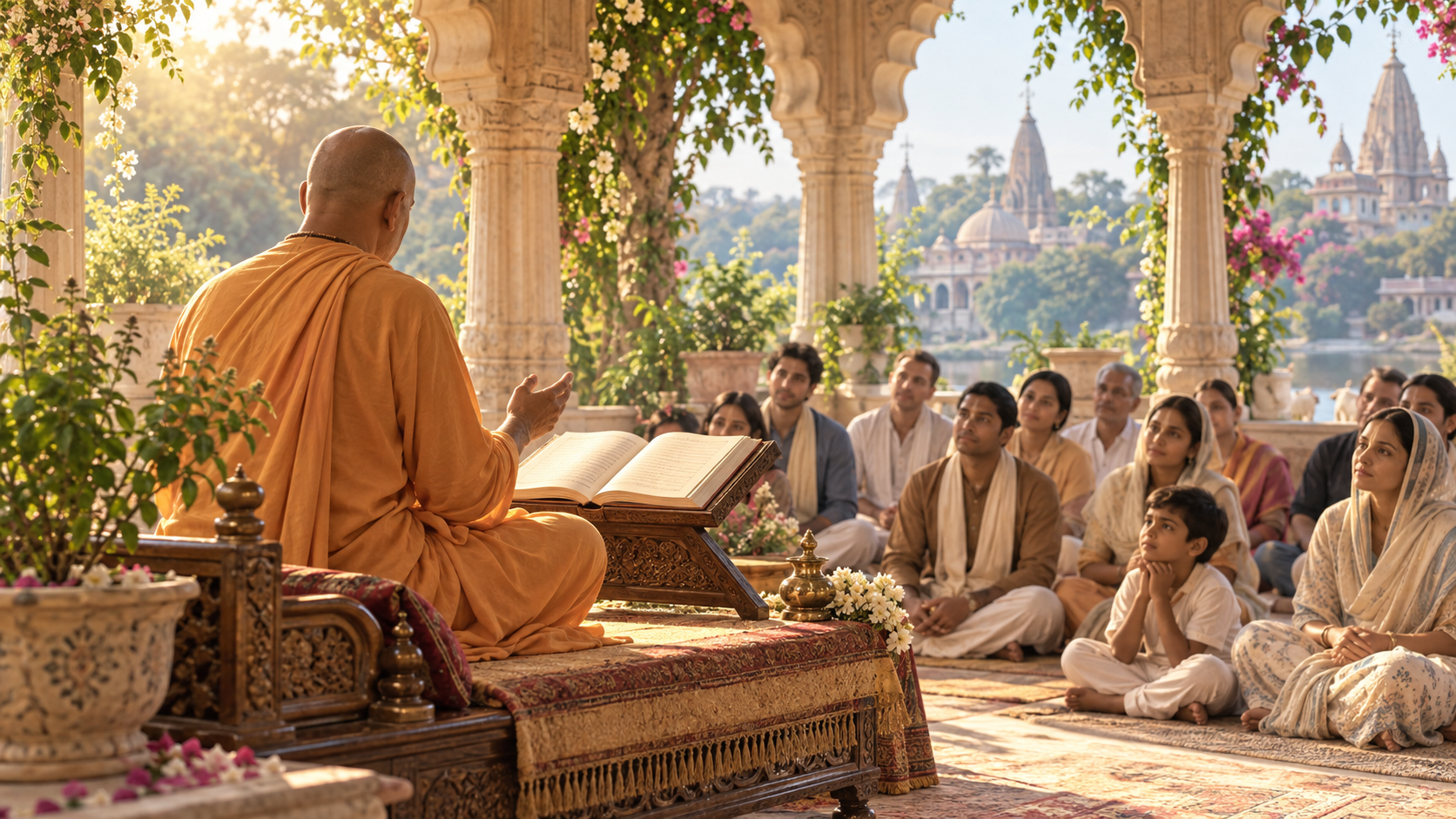 A saffron-robed Vaishnava monk teaches from an open scripture to a seated congregation in a sunlit Vrindavan pavilion.