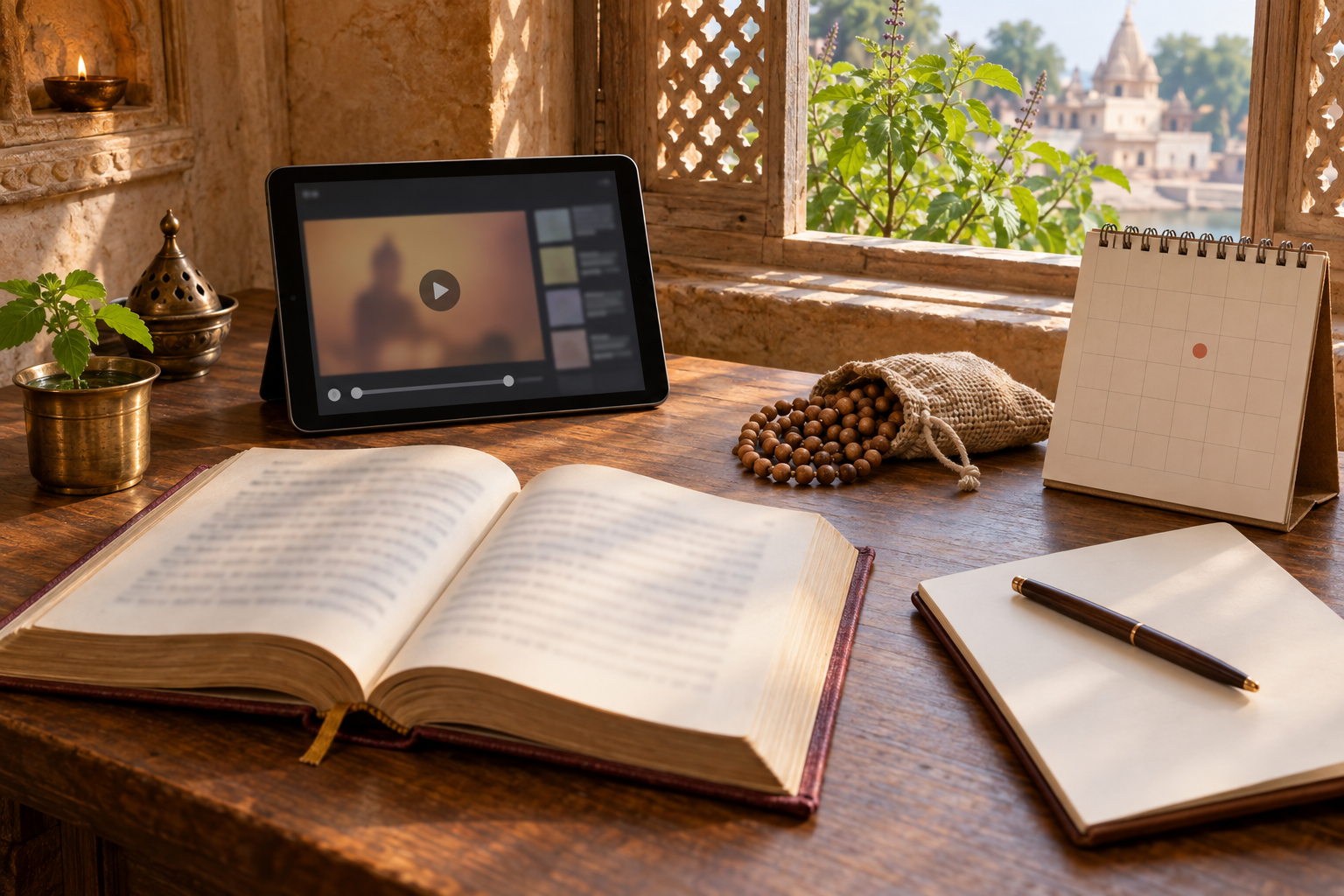 A tablet, open scripture, blank calendar page, notebook and prayer beads are arranged on a wooden desk beside a Vrindavan window.