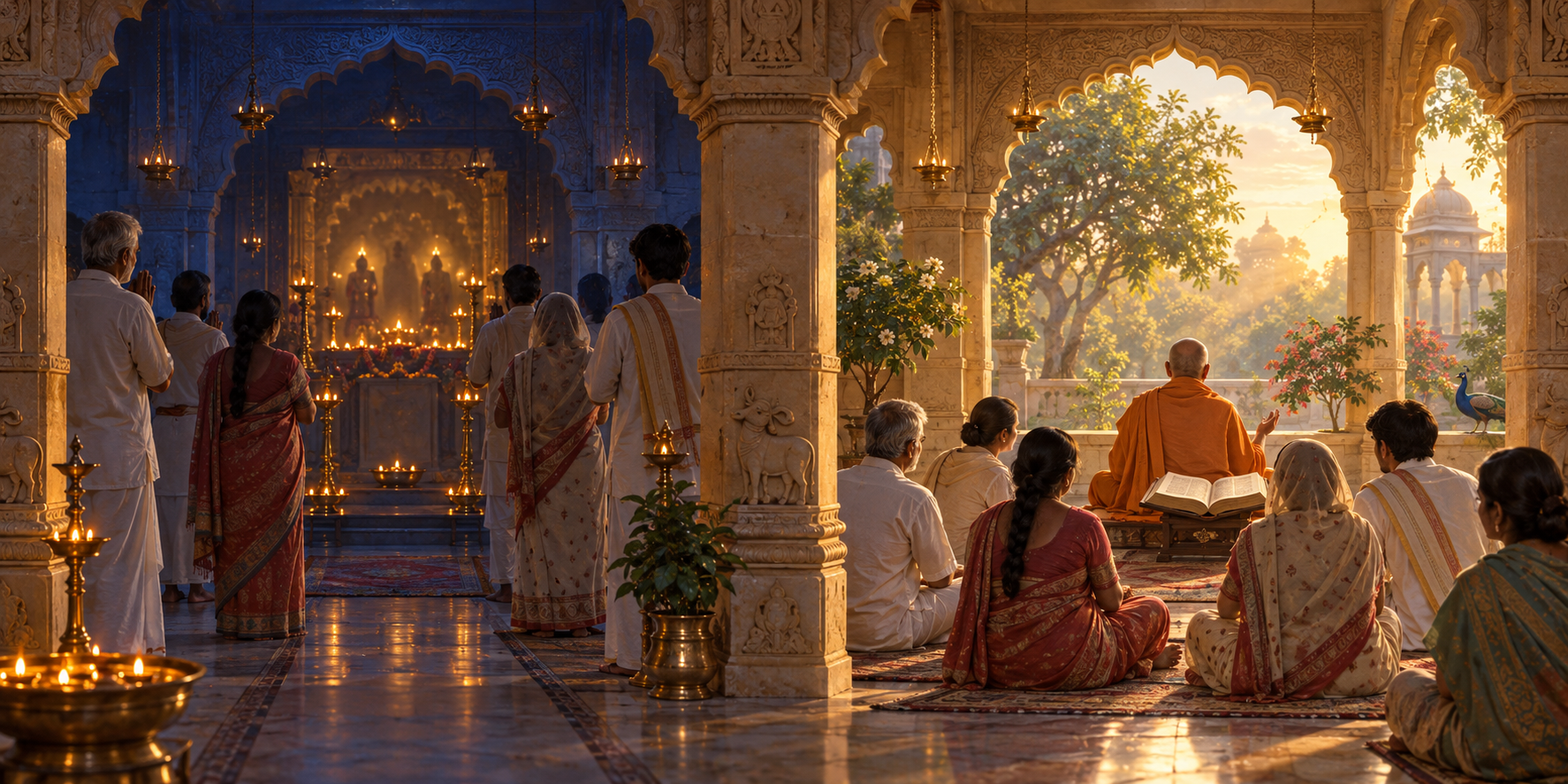 A split scene shows predawn lamp worship on one side and a seated morning scripture class on the other.