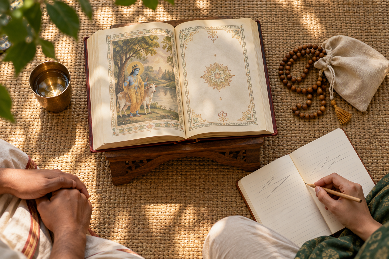 An open scripture, notebook, pencil, prayer beads and brass cup are arranged for a study session on a woven mat.