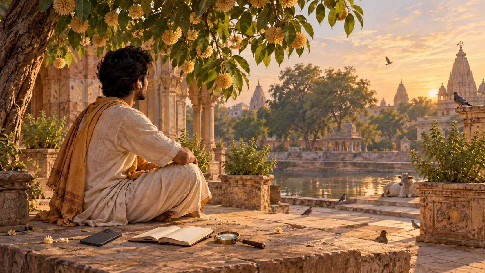 A devotee sits beneath a flowering tree in a Vrindavan courtyard with a phone, notebook and magnifying glass nearby.