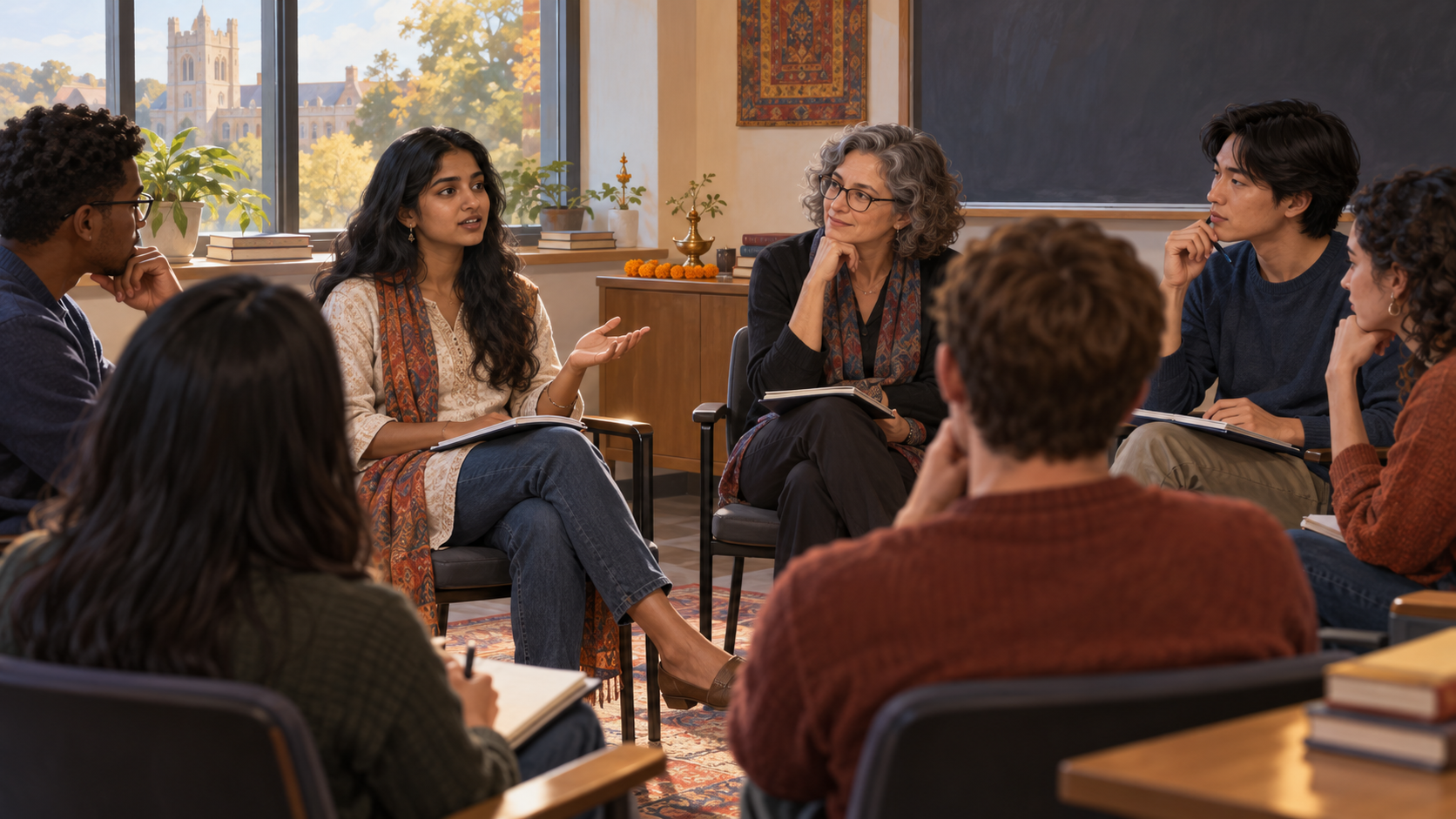 Students and a professor engage in a calm seminar discussion in a university classroom beside an unlit brass lamp, marigolds, and unmarked books.