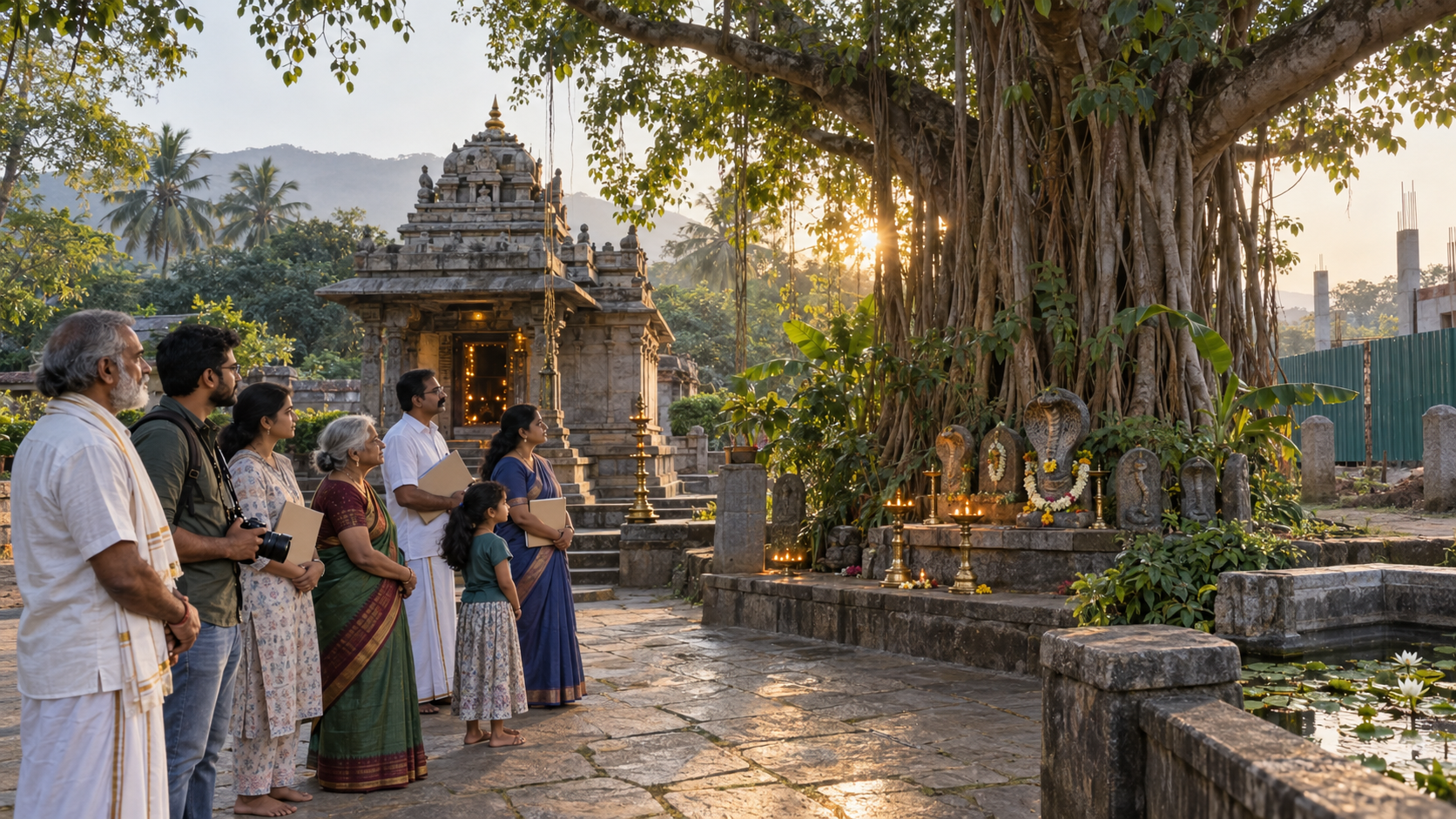 Community members stand peacefully with document folders near a South Indian temple, sacred grove and boundary stones at dawn.