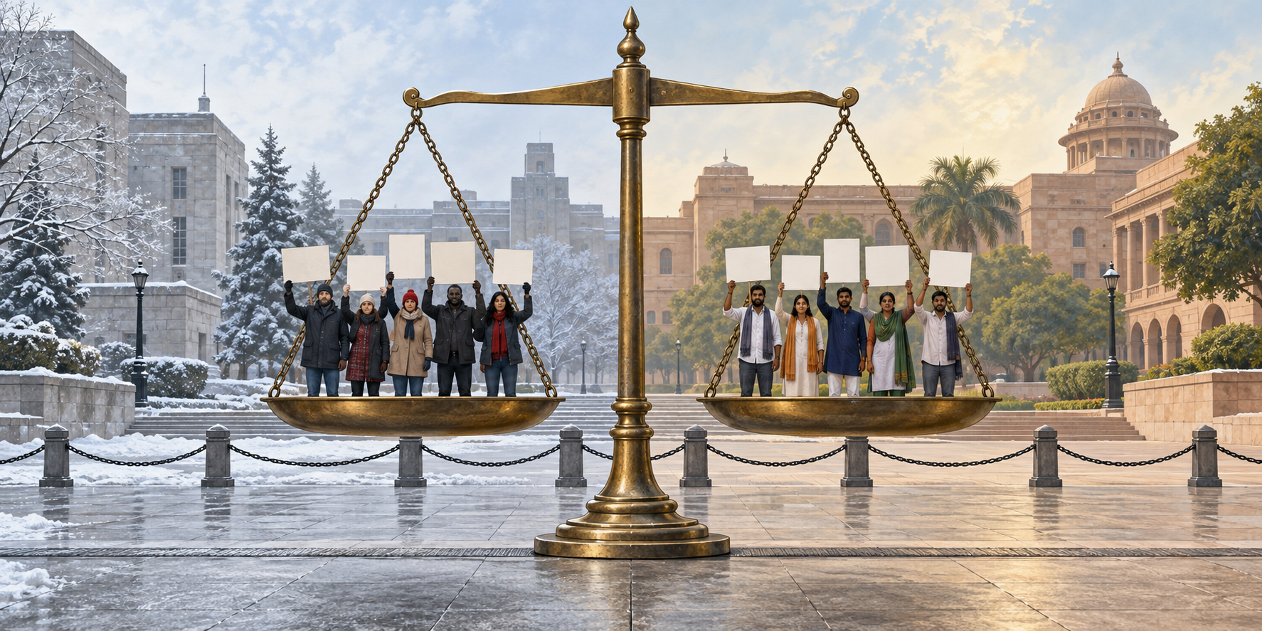 A balanced justice scale holds two identical groups of peaceful demonstrators between snowy Canadian and warm Indian civic plazas.