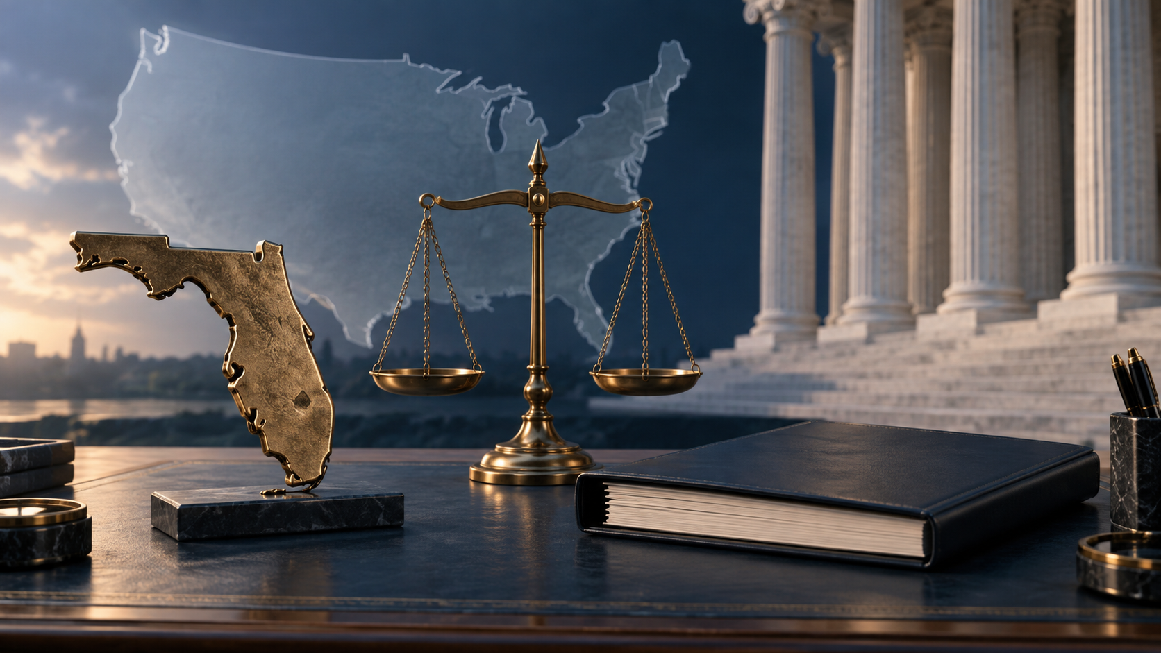 Editorial illustration of a Florida-shaped object, a separate United States outline, balanced scales and blank legal documents representing state and federal authority.