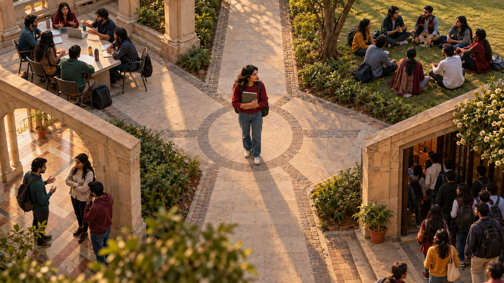 A student holding a blank notebook stands at a campus crossroads connecting a seminar, student meeting, corridor conversation, and crowded event doorway.