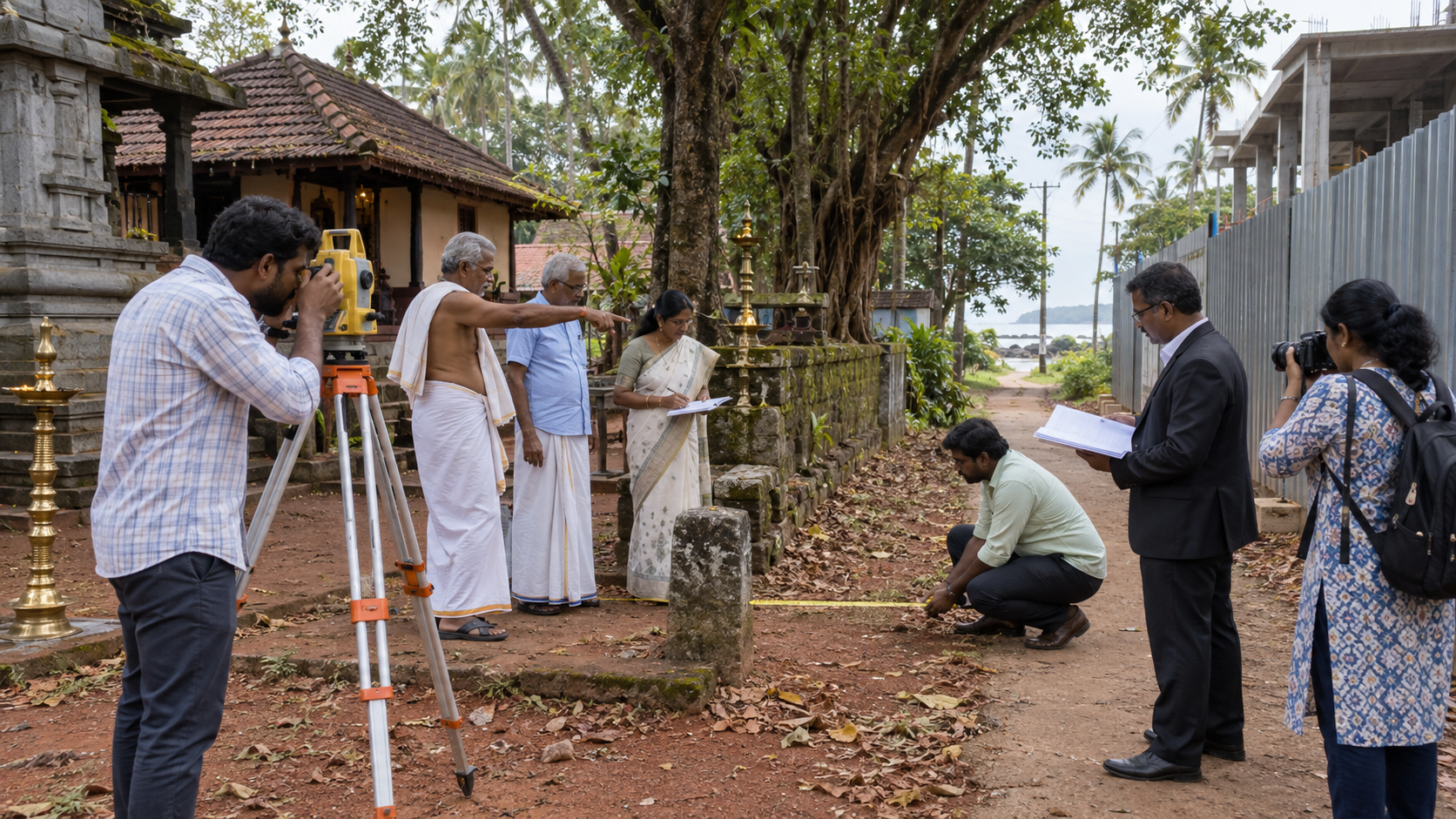 Temple custodians, residents, a surveyor and a legal adviser inspect a boundary marker beside a sacred site.