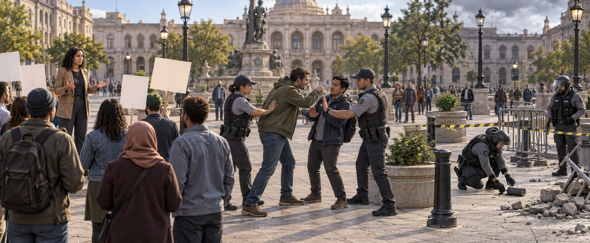 A panoramic public square shows peaceful advocacy, personal intimidation, and a secured incendiary incident as three distinct kinds of conduct.