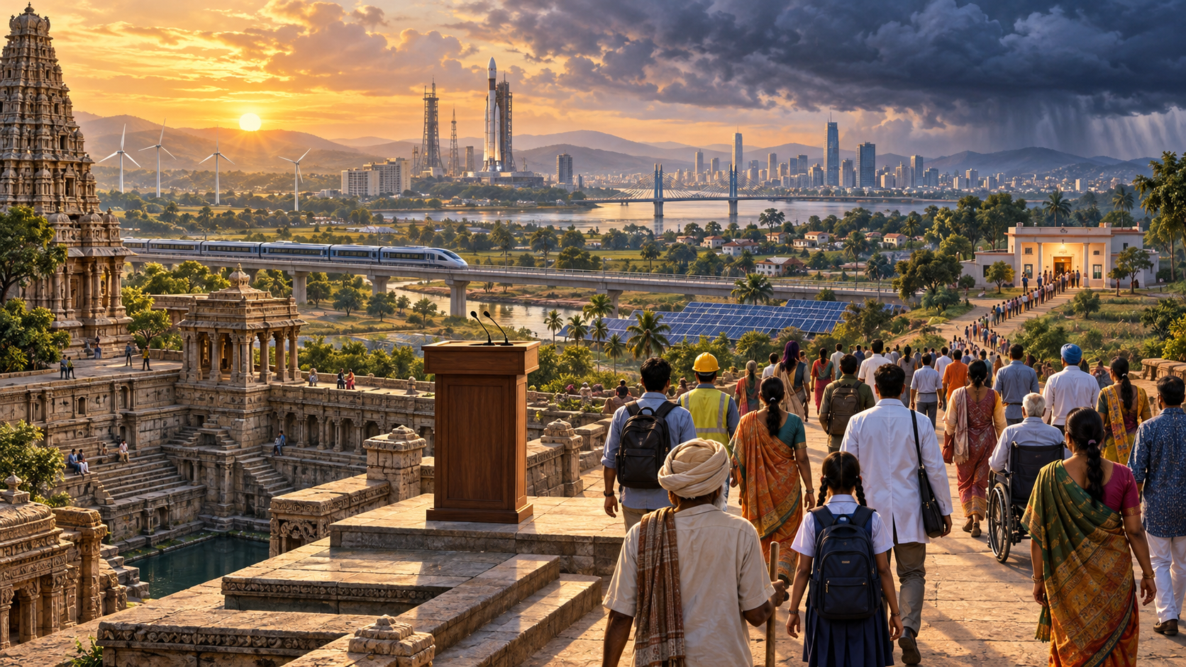 An Indian landscape at sunrise combines heritage architecture, modern infrastructure, citizens, an empty lectern and a distant polling place beneath gathering clouds.