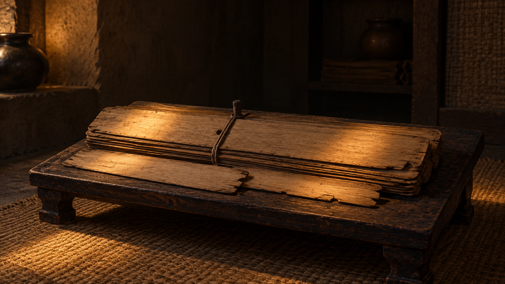 Weathered blank palm-leaf folios, including incomplete fragments, rest on a wooden reading stand in warm lamplight.