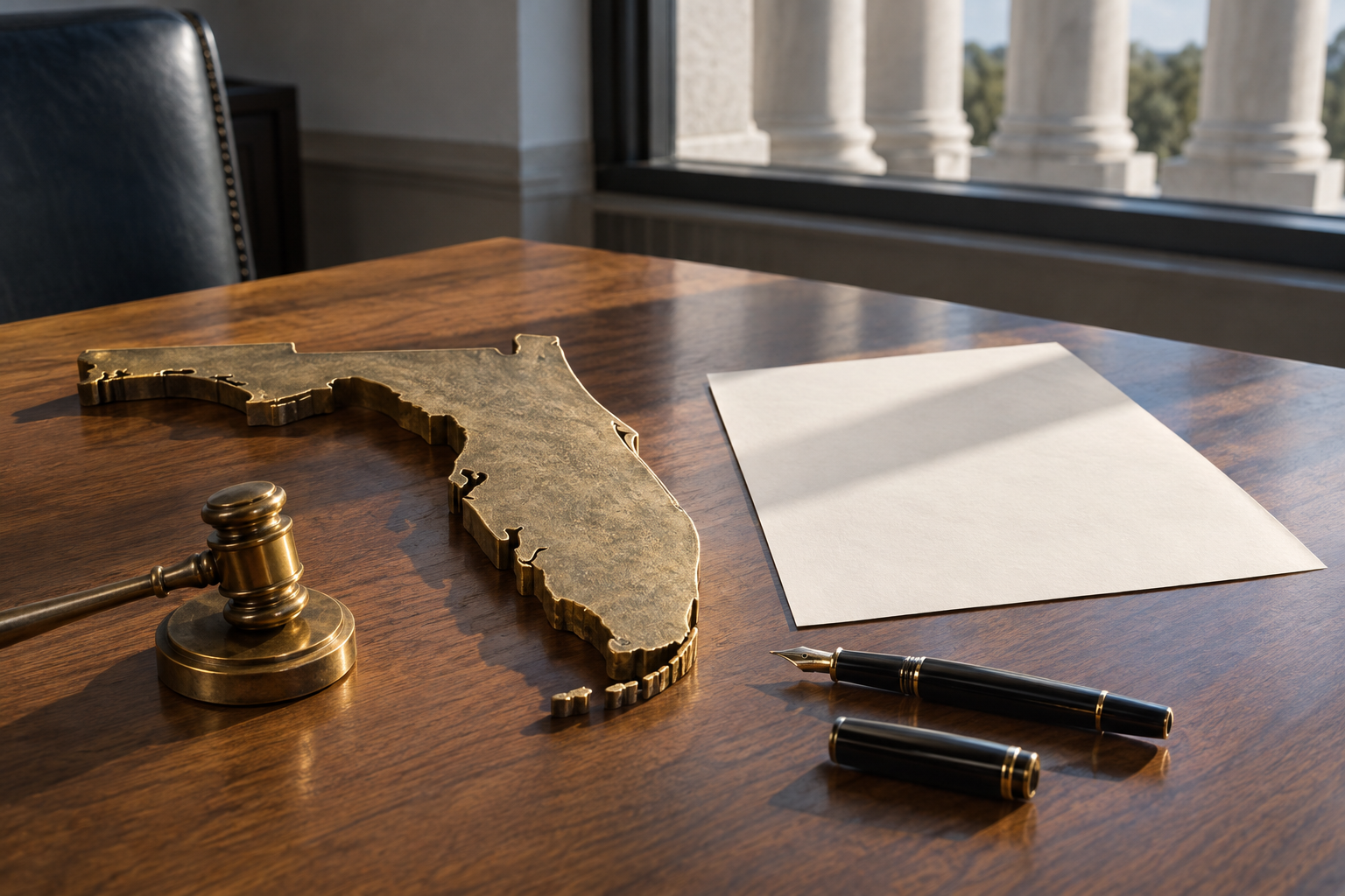 A Florida-shaped object, blank executive document, pen and gavel on a government office desk.