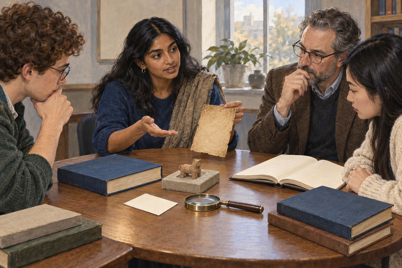 A student and lecturer examine a manuscript leaf, unmarked books, and an artifact replica around a seminar table with a magnifying glass.