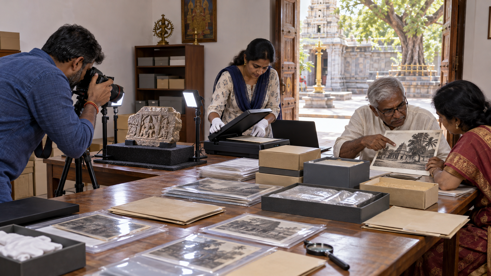 Community volunteers photograph and organize archival materials in a room overlooking a temple courtyard.