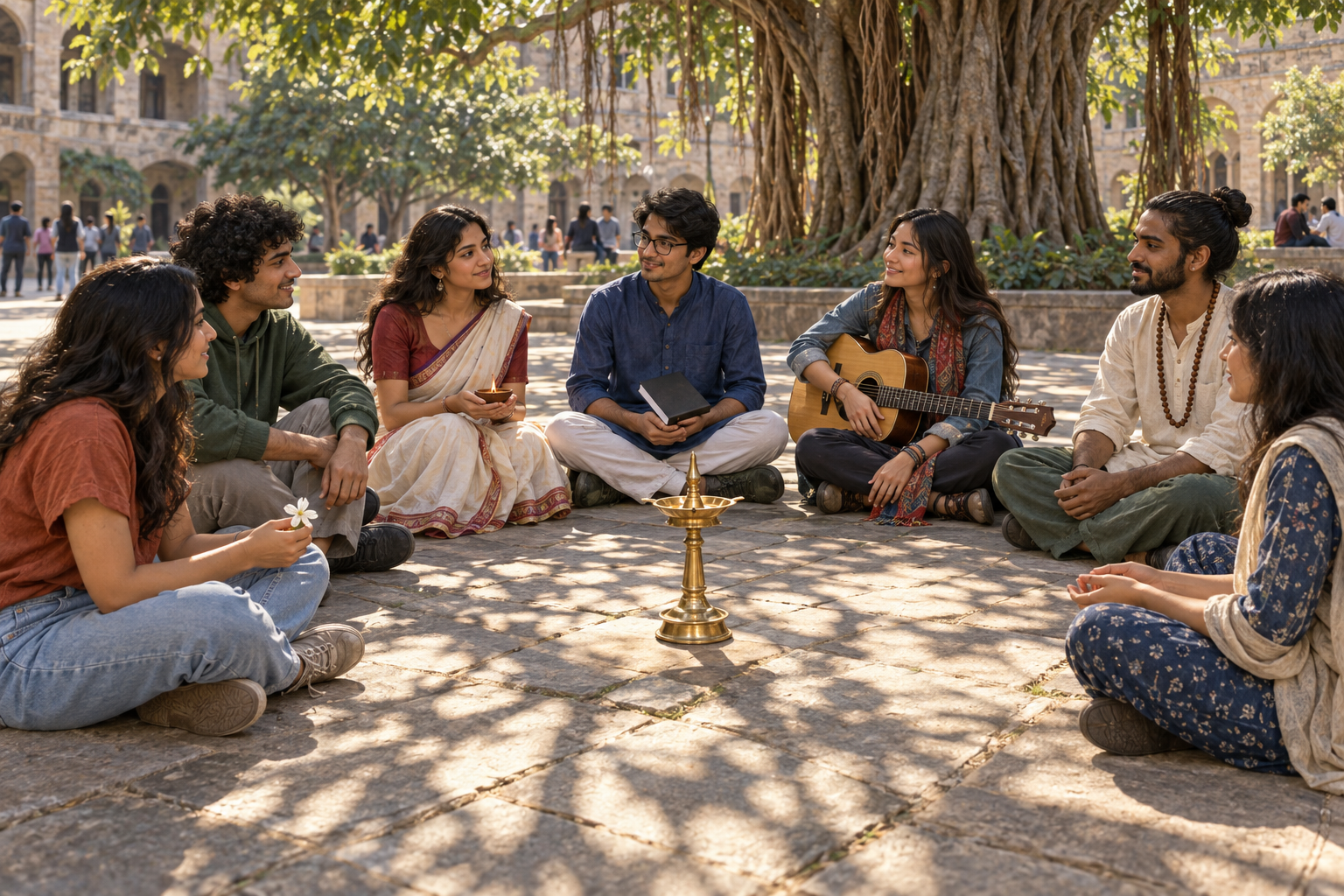 A diverse group of students forms an open circle around an unlit brass lamp in a courtyard shaded by banyan leaves.