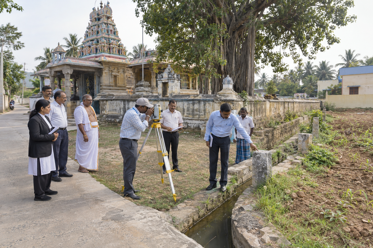 Civil officials, a surveyor and community representatives conduct an orderly inspection beside a Hindu temple.