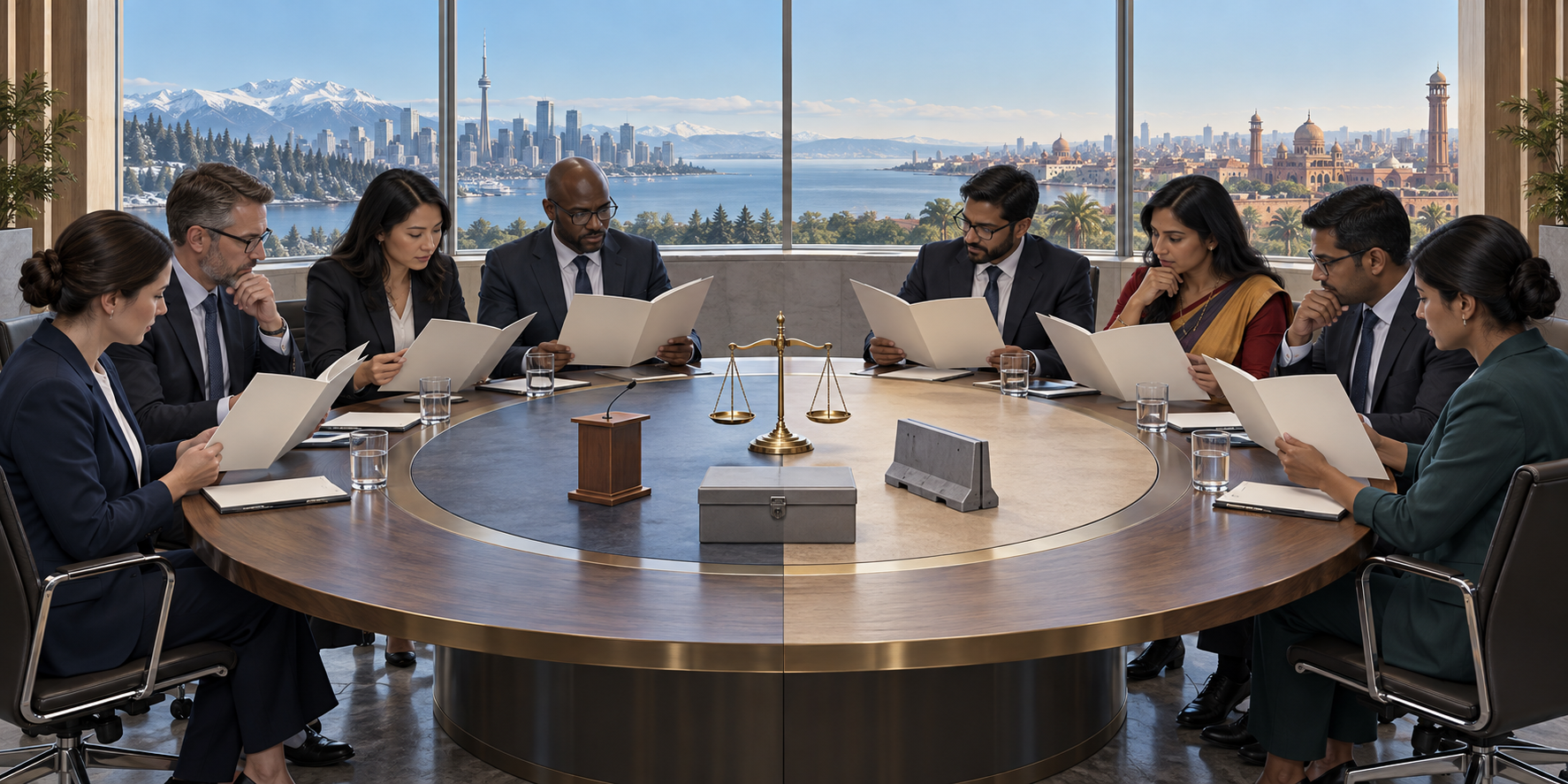 Anonymous officials examine matching evidence folders around a round table with a balanced scale at its center.
