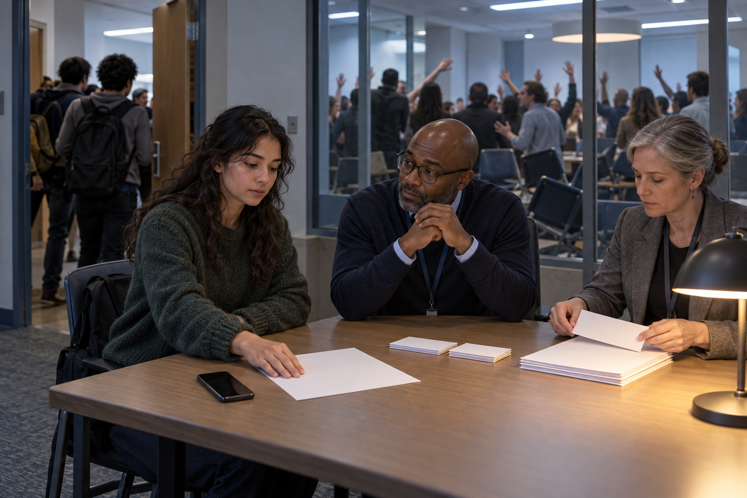 A student documents a disrupted campus event with two staff members while a tense crowd is visible through a glass partition.