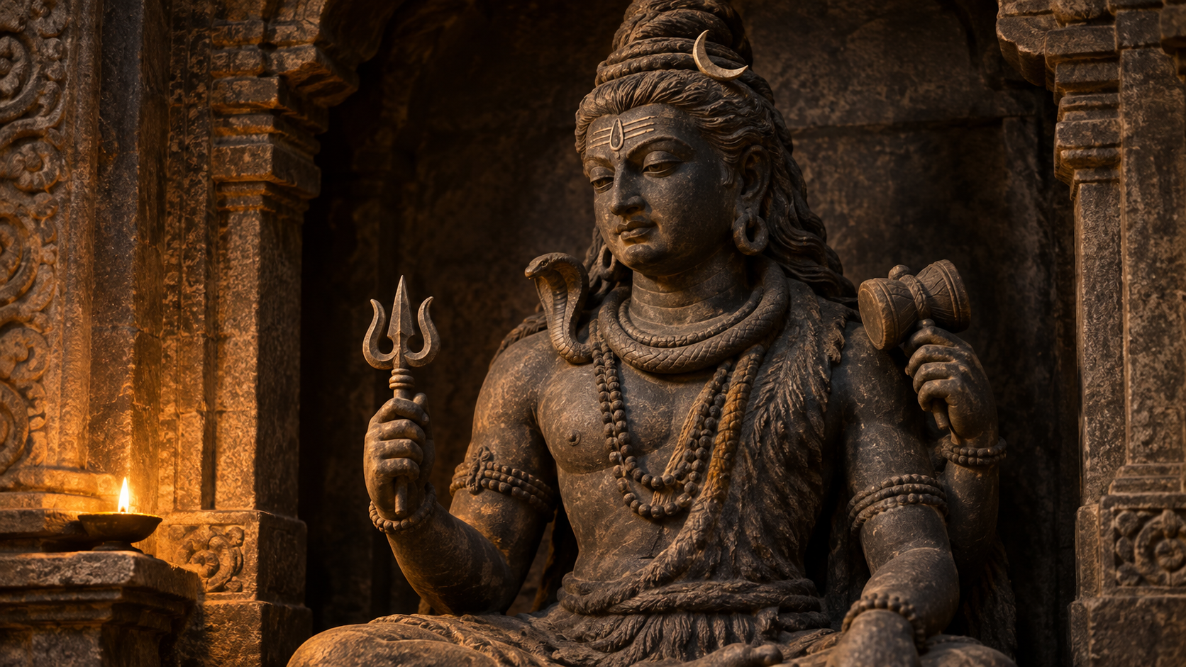 Dark stone sculpture of Shiva holding a small three-pronged trident in a softly lit temple niche.