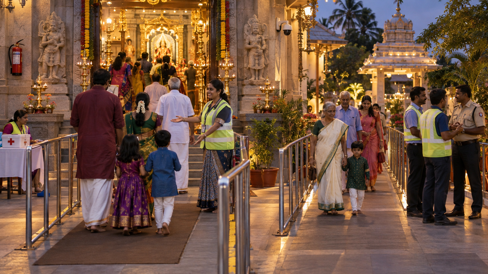 Families enter a Hindu temple through well-lit lanes as volunteers maintain calm safety arrangements.