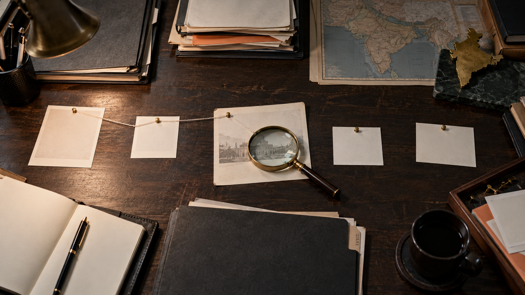 An investigative desk with blank source cards, a few carefully linked folders, a magnifying glass and an India-shaped paperweight.