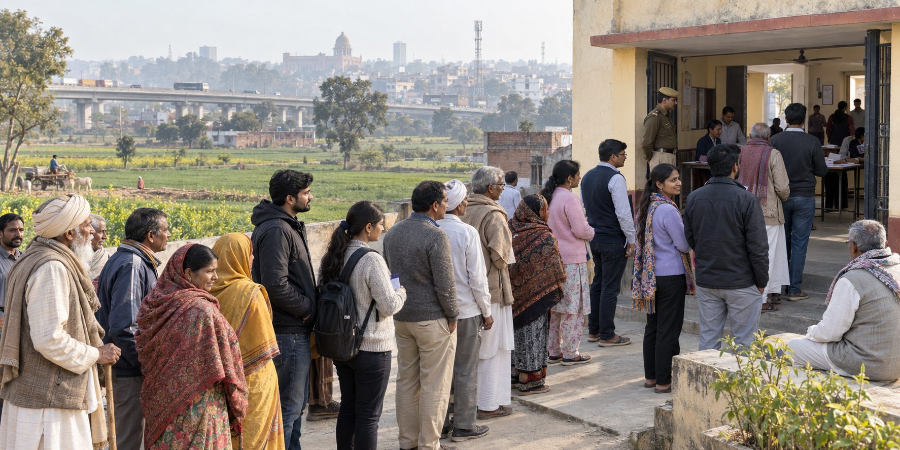 A diverse group of voters waits peacefully outside a polling station in a Uttar Pradesh landscape of fields, roads and town buildings.