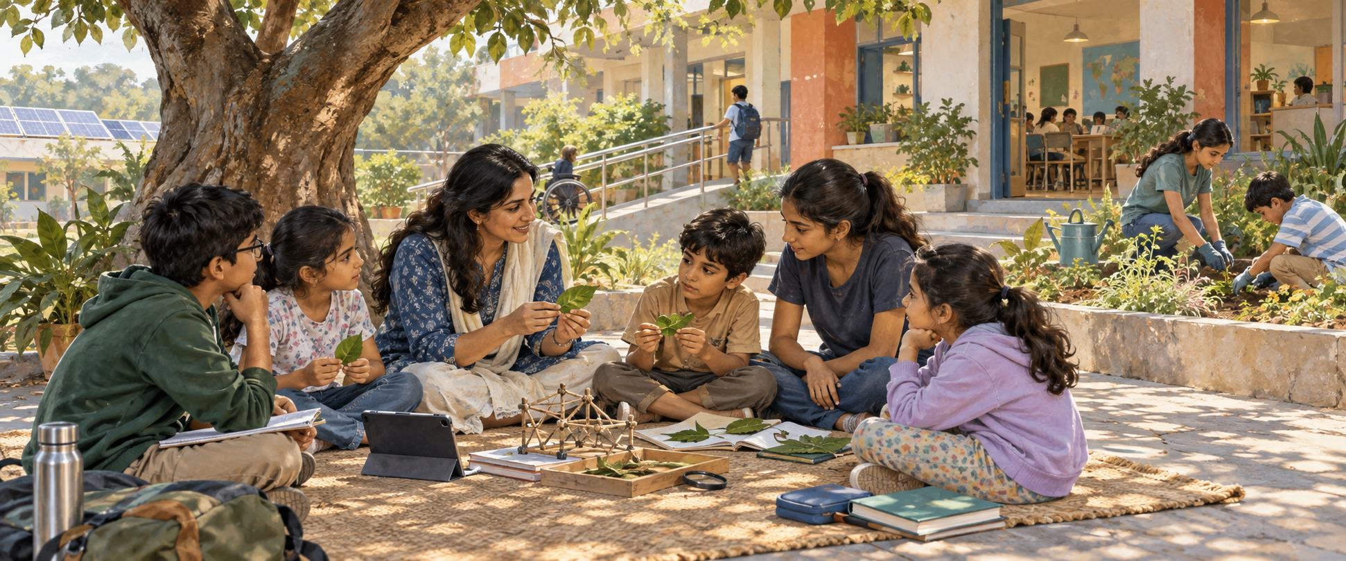 A teacher and students learn in a modern school courtyard while older pupils mentor younger ones and classmates tend a garden.