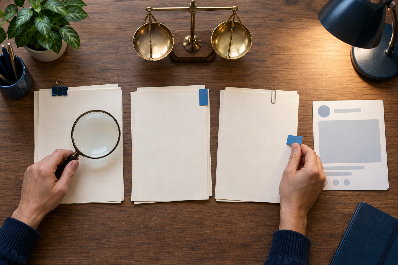 Hands comparing blank source documents with a magnifying glass, markers and balanced scales on a desk.