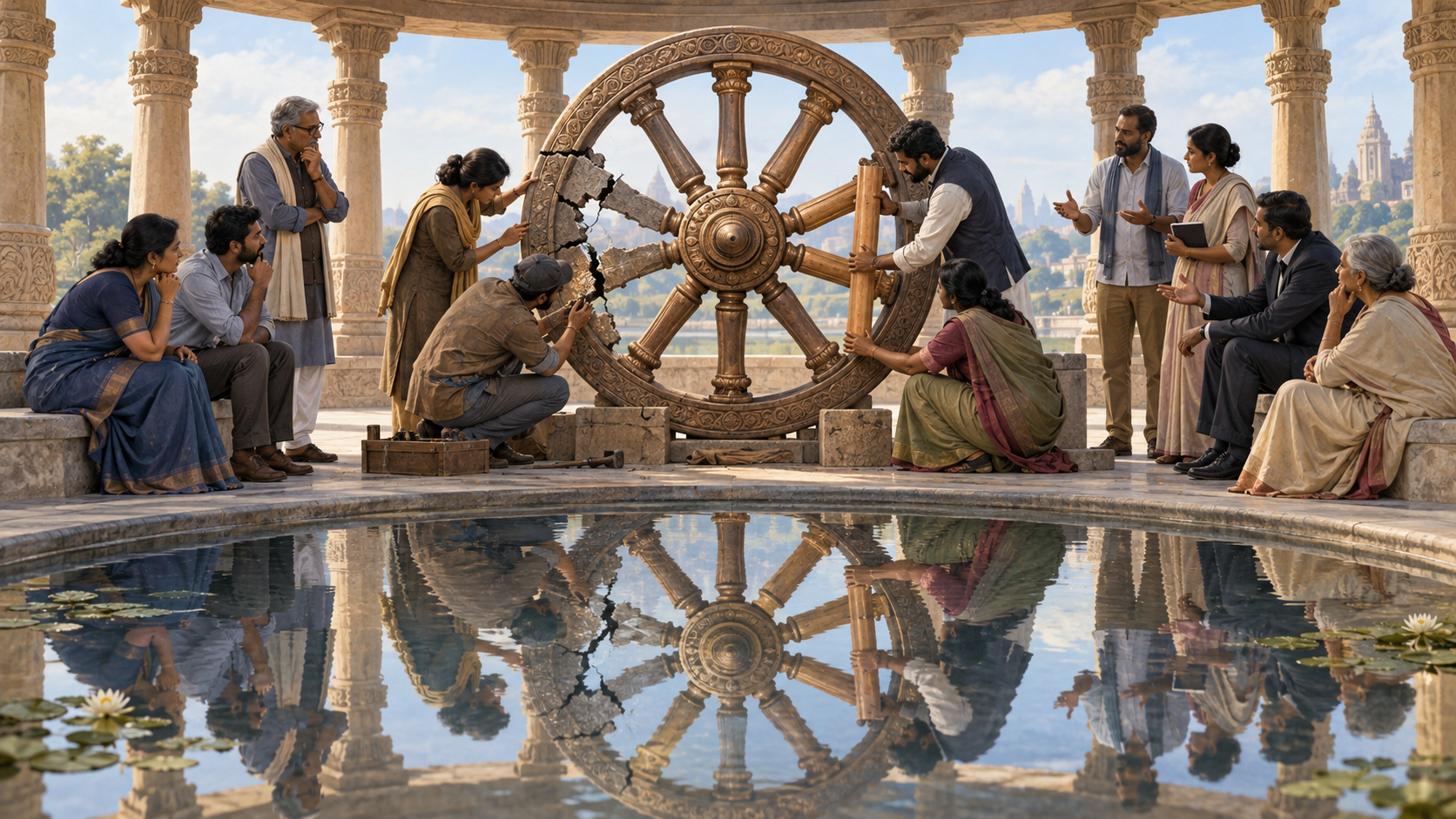Citizens and civic leaders in a circular stone pavilion examine and repair a cracked ceremonial wheel beside a reflecting pool.