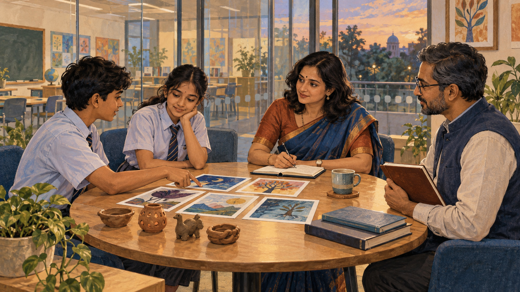 A teacher listens to two students and a fellow educator during a review meeting around a classroom table.
