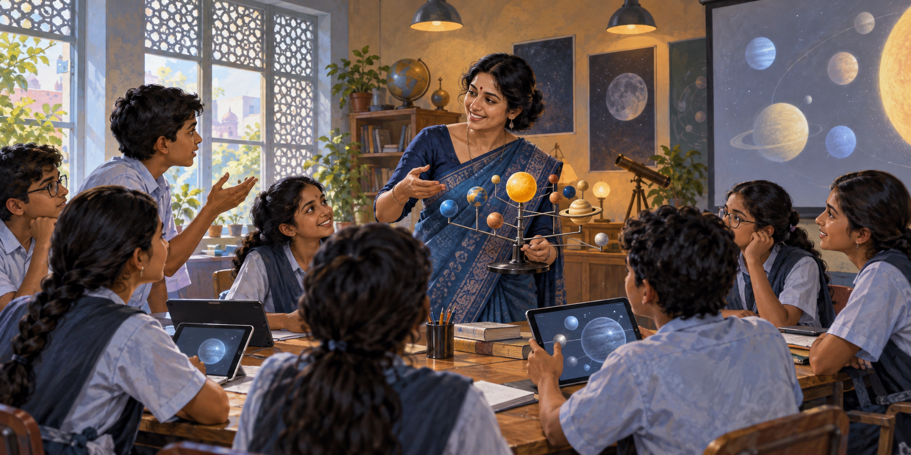 A teacher uses a physical solar-system model to lead discussion while students use tablets and an unlabelled projection as supporting tools.