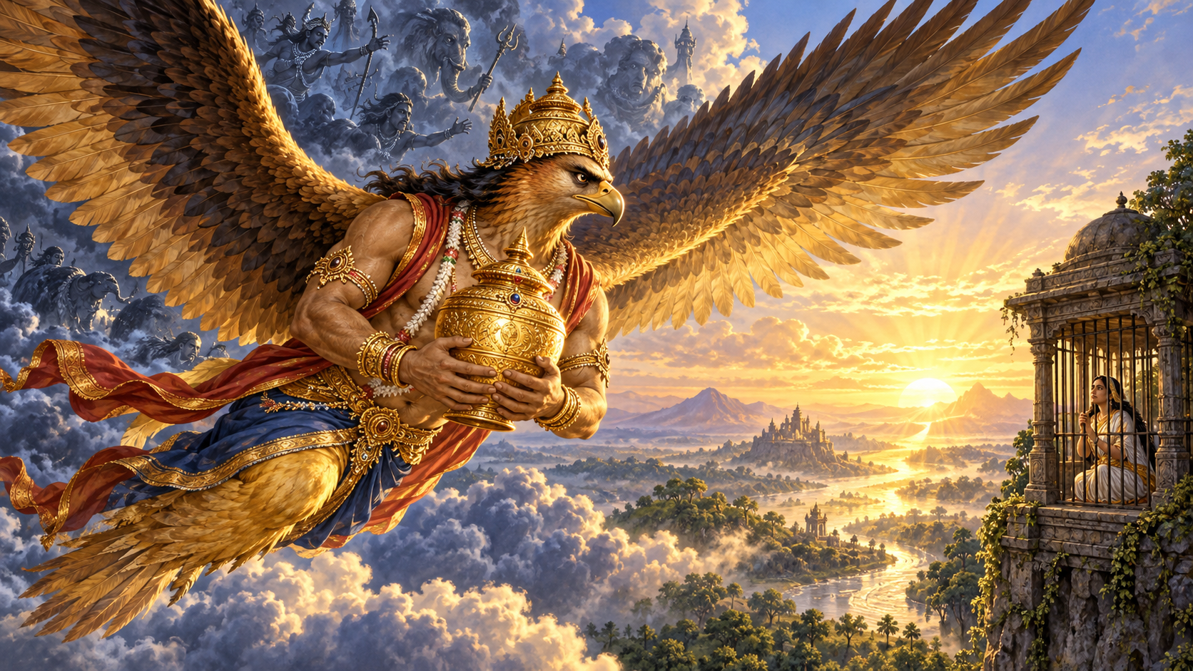 Garuda flies through a dawn sky carrying a sealed golden vessel of amrita toward his captive mother Vinata in the distance.