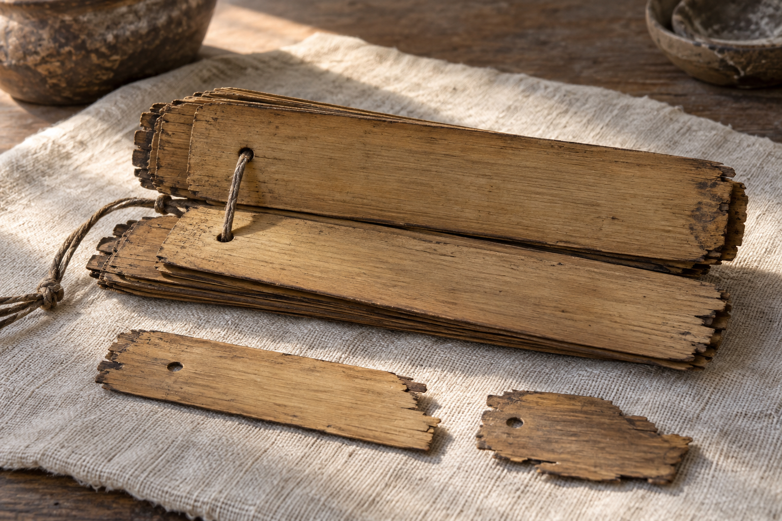 An incomplete bundle of blank palm-leaf folios and two detached fragments lies on conservation cloth.